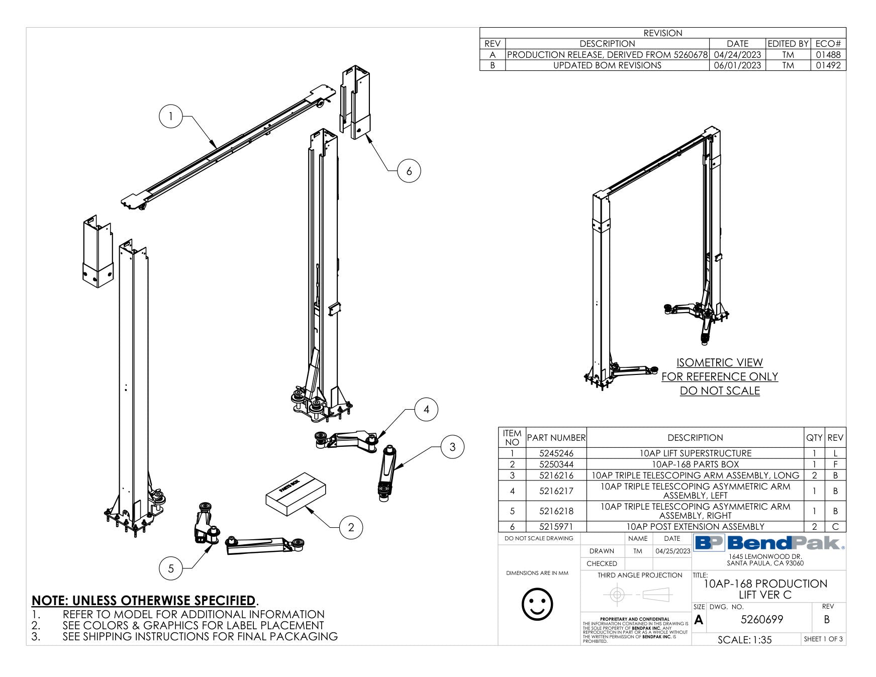 BendPak 10AP parts diagram — 9APF/10AP Right Triple Tele. Asym. Arm Assembly is item 5 (10AP PRODUCTION LIFT VER C)