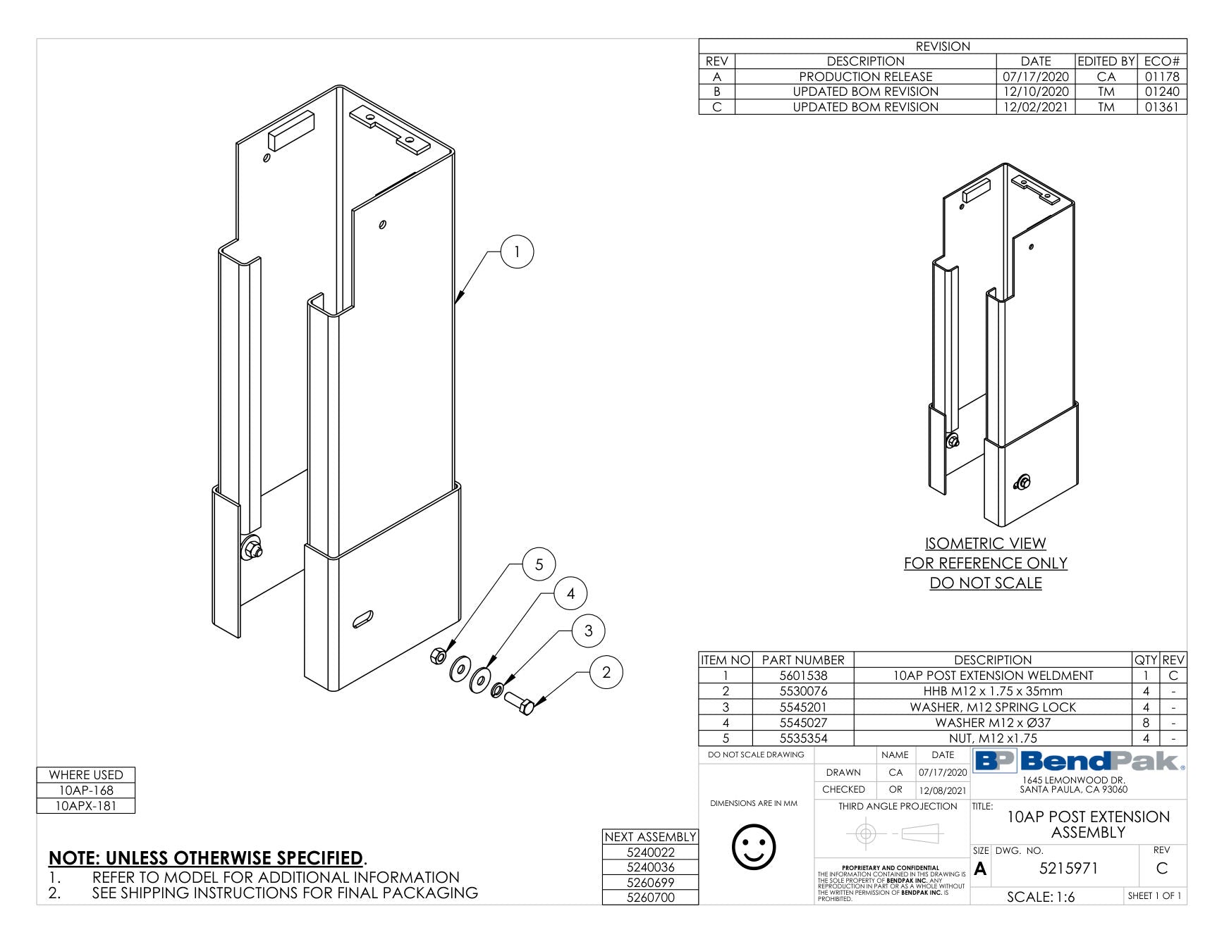 BendPak 10AP parts diagram — 10AP Safety Cable Roller is item 10 (10AP TOP TROUGH ASSEMBLY)