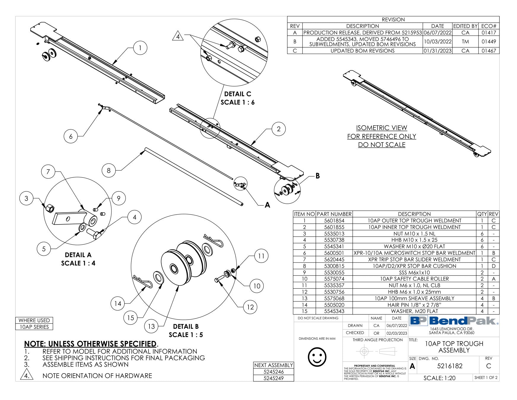 BendPak 10AP parts diagram — Middle Arm Section Slide Stop; 10AP is item 4 (10AP TRIPLE TELESCOPING ARM ASSEMBLY, LONG)