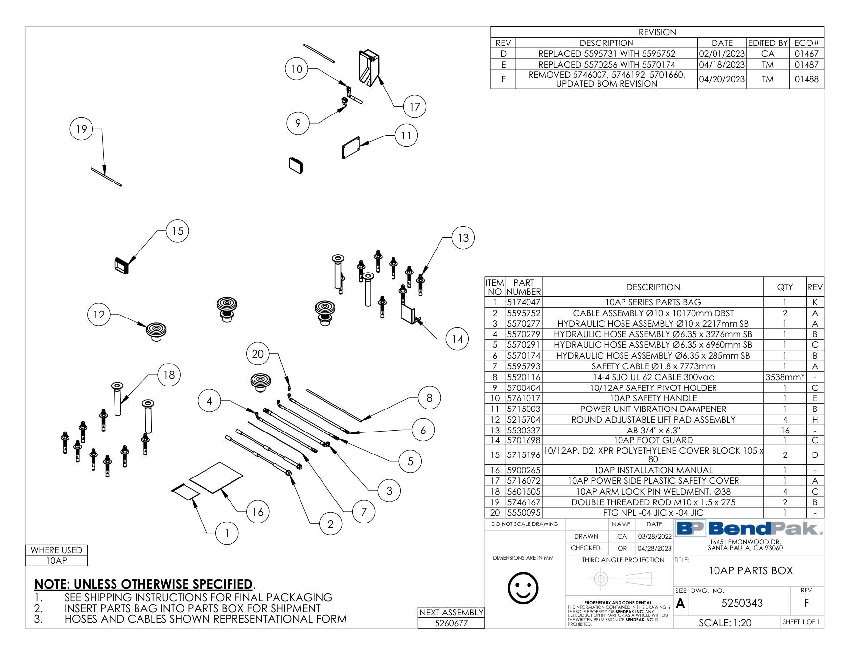 BendPak 10AP parts diagram — 10AP Safety Pivot Holder is item 9 (10AP PARTS BOX)