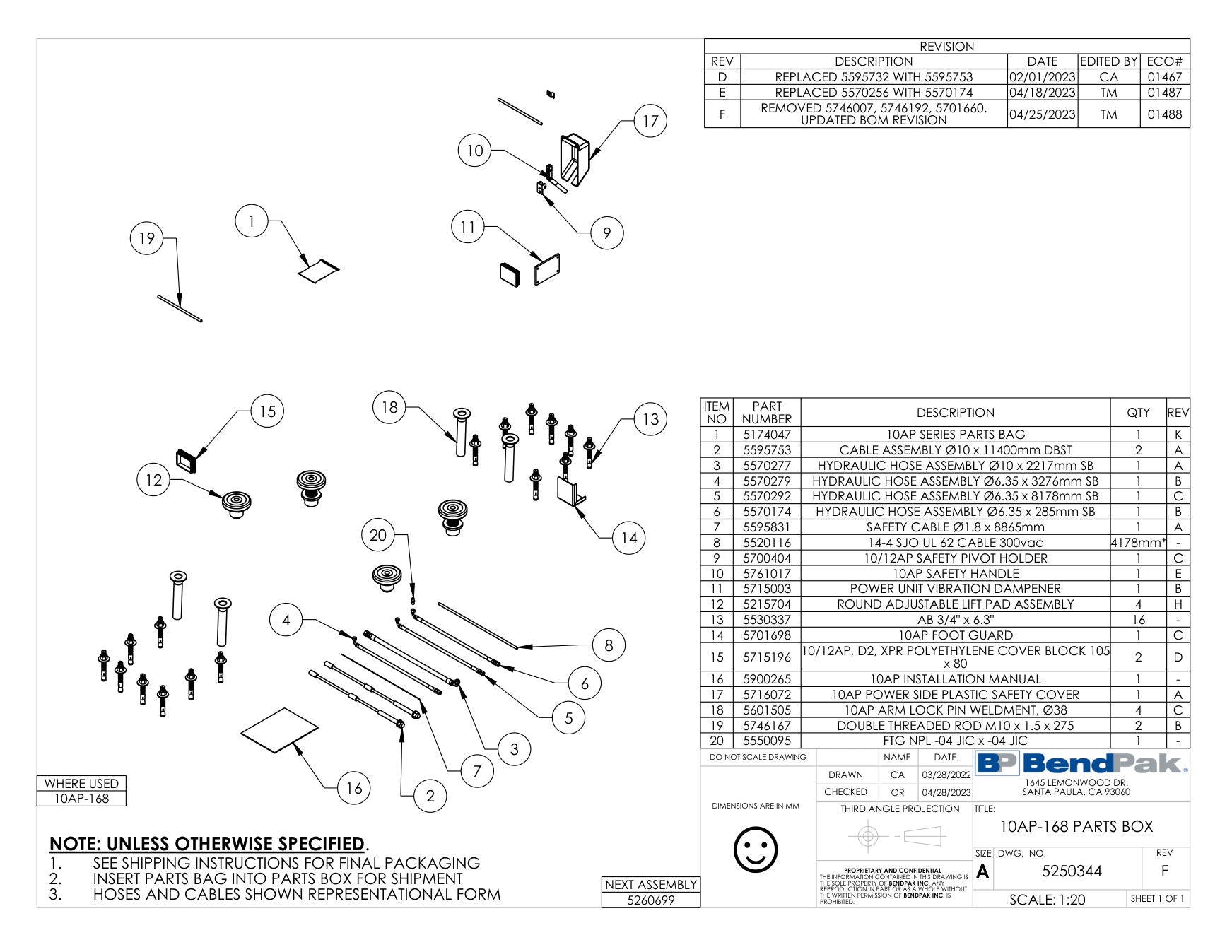 BendPak 10AP parts diagram — Cable Assembly Ø10 X 11400MM Dbst is item 2 (10AP-168 PARTS BOX)