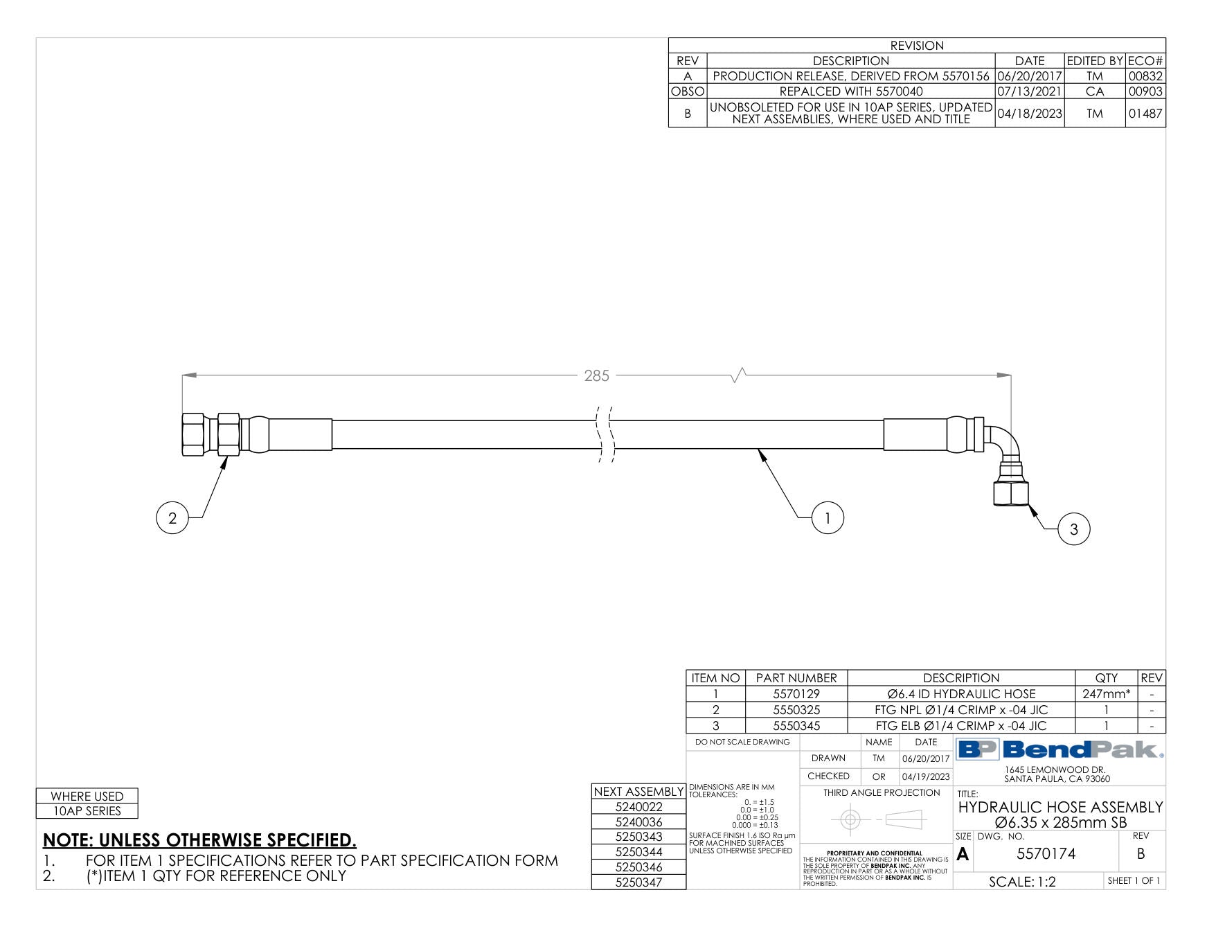 BendPak 10AP parts diagram — this part is item 2 (HYDRAULIC HOSE ASSEMBLY Ø6.35 x 285mm SB)