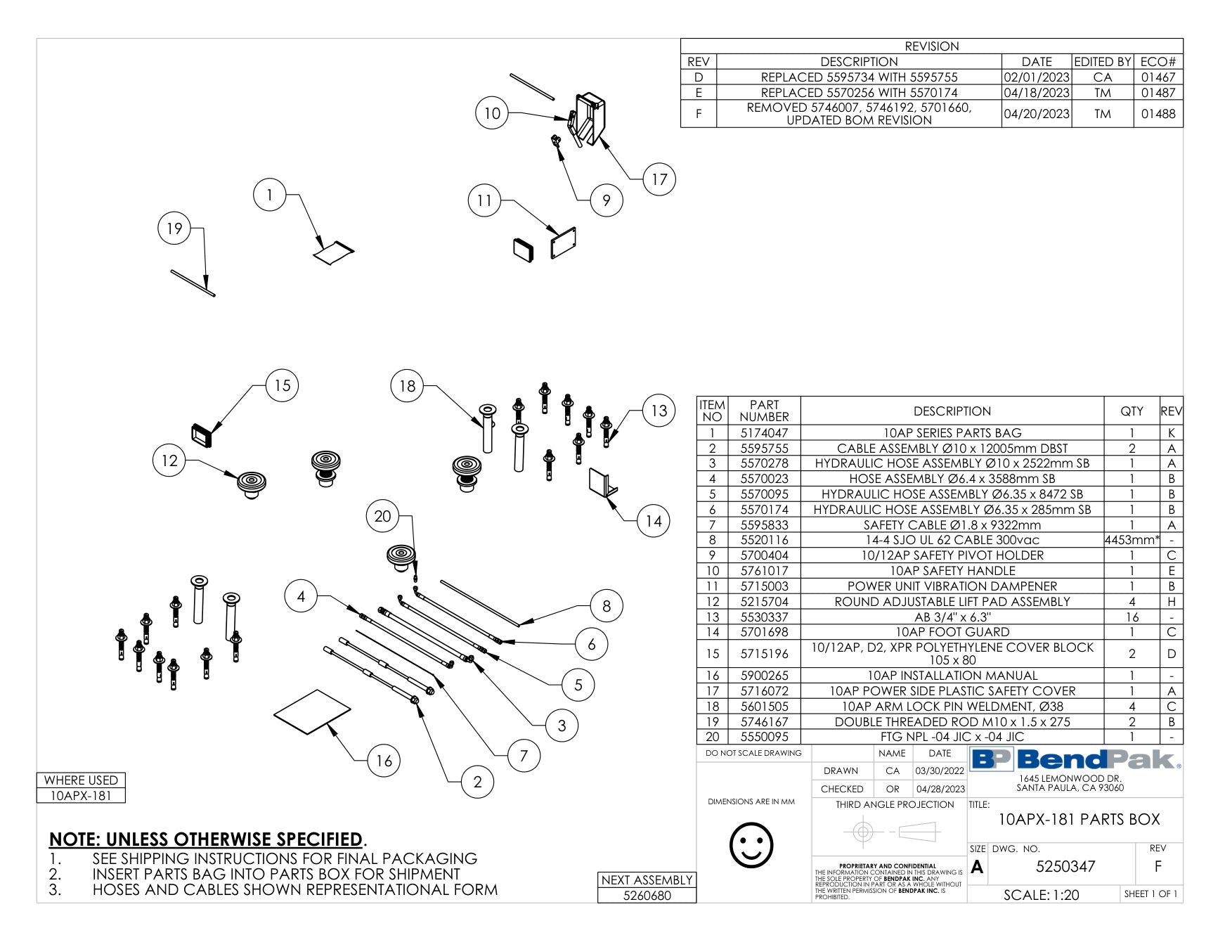 BendPak 10APX-181 parts diagram — Safety Cable Ø1.8 X 9322MM is item 7 (10APX-181 PARTS BOX)