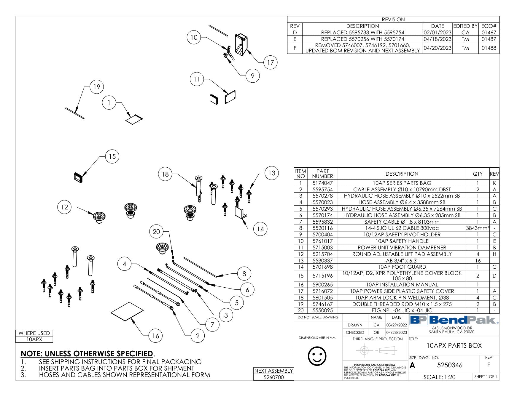 BendPak 10APX parts diagram — Cable Assembly Ø10 X 10790MM Dbst is item 2 (10APX PARTS BOX)