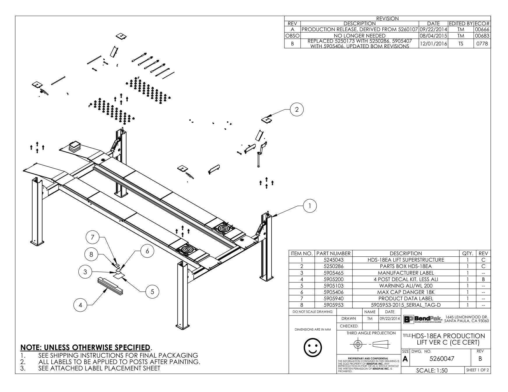 BendPak BENDPAK-5260047-HDS-18EA parts diagram — Label; Lift Capacity 18,000LBS., Eng.-fren. is item 6 (HDS-18EA PRODUCTION LIFT VER C (CE CERT))