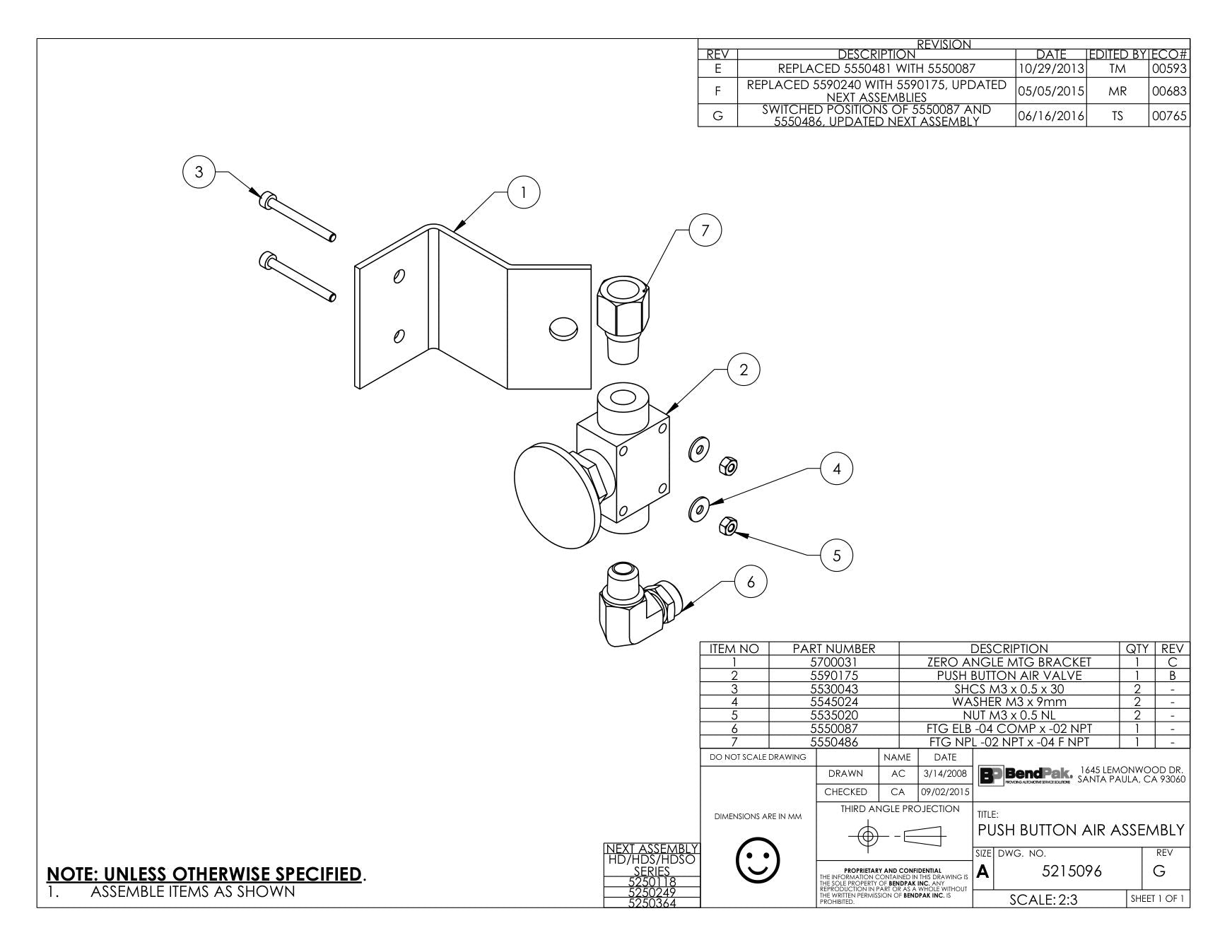 BendPak BENDPAK-5260047-HDS-18EA parts diagram — Air Safety Valve Mounting Bracket is item 1 (PUSH BUTTON AIR ASSEMBLY)