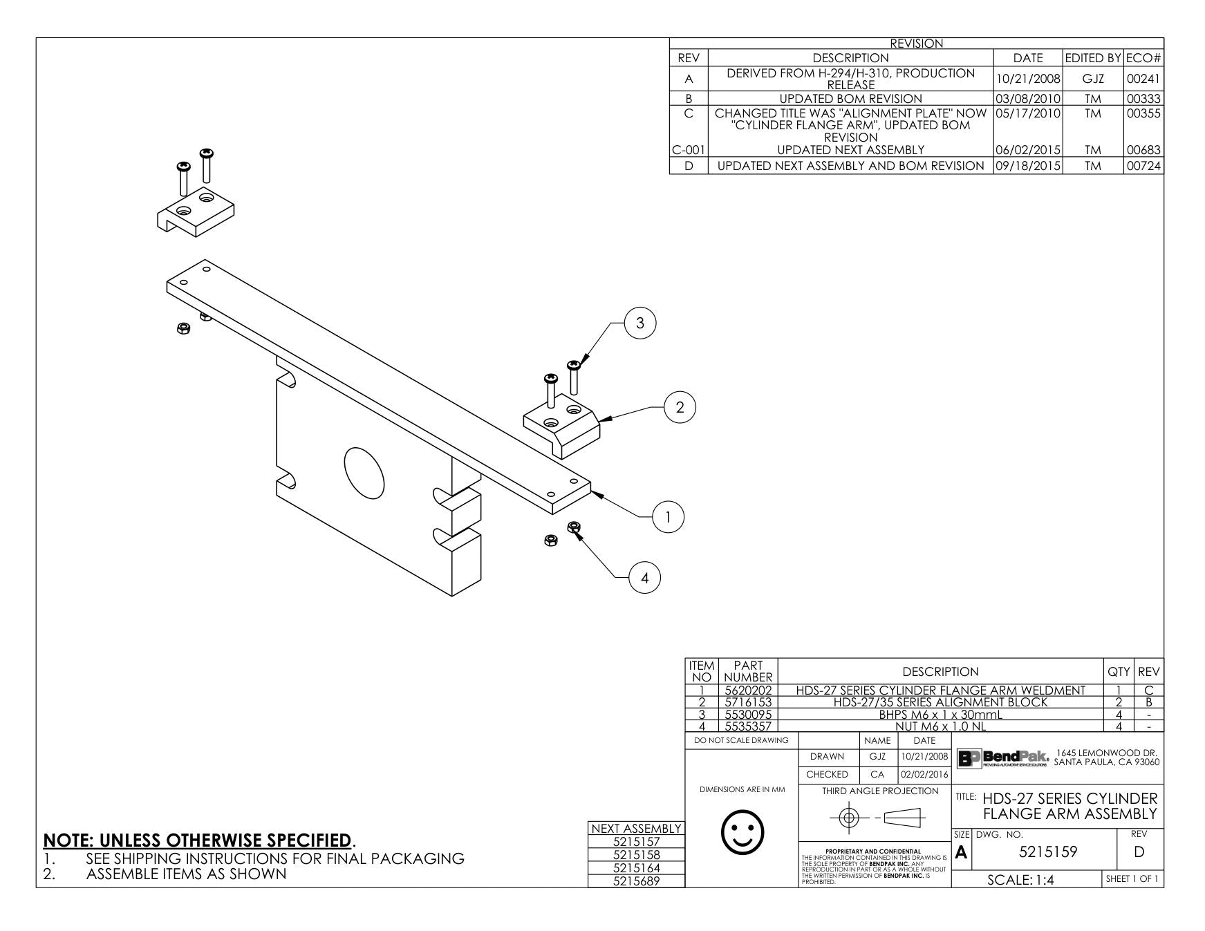 BendPak BENDPAK-5260047-HDS-18EA parts diagram — Nut M6 X 1.0, Nylon Locknut Class 8 is item 4 (HDS-27 SERIES CYLINDER FLANGE ARM ASSEMBLY)