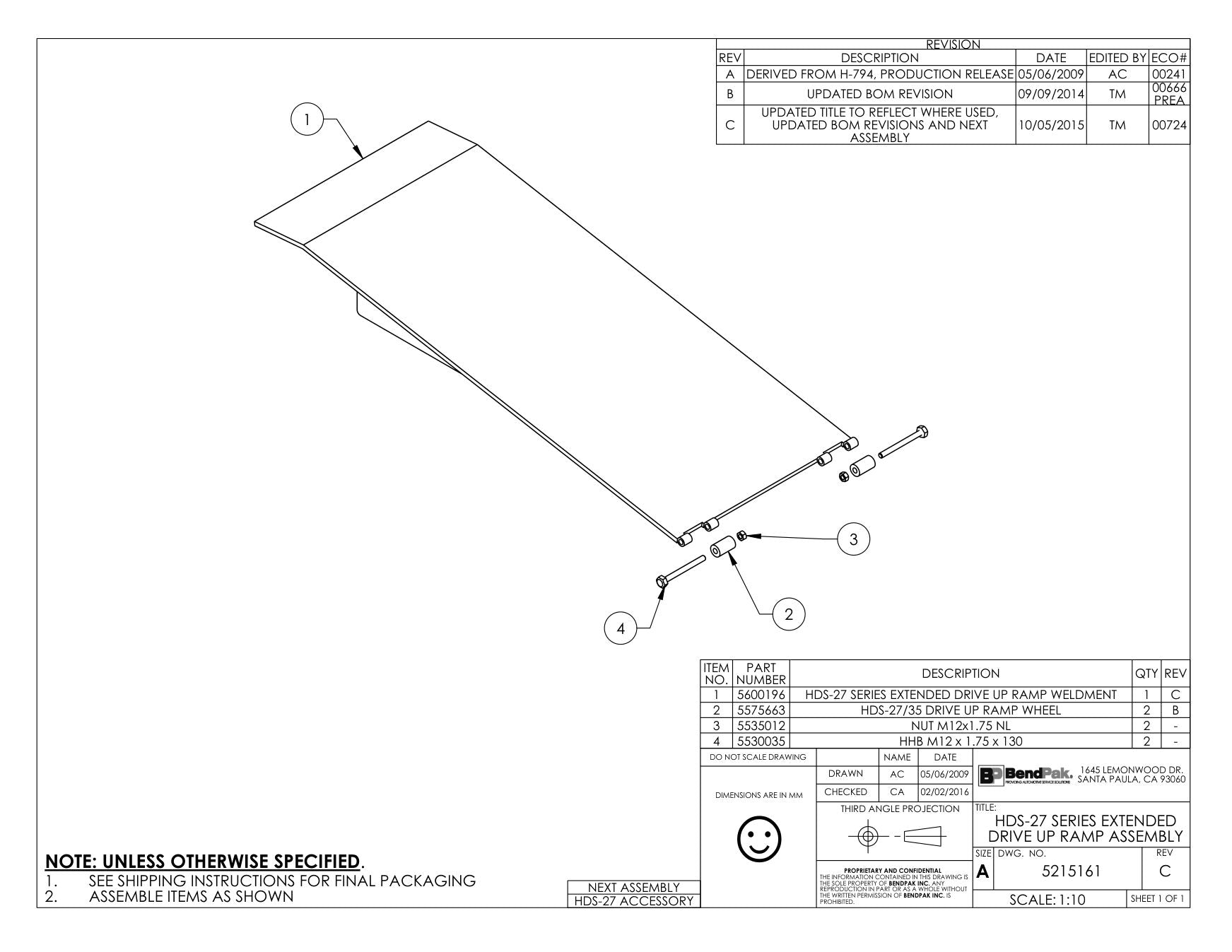BendPak BENDPAK-5260047-HDS-18EA parts diagram — Nut; M12 X 1.75 Nl is item 3 (HDS-27 SERIES EXTENDED DRIVE UP RAMP ASSEMBLY)