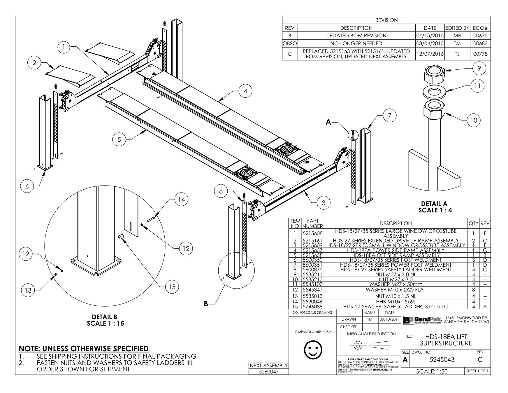 BendPak BENDPAK-5260047-HDS-18EA parts diagram — Hhb M10 X 1.5 X 65 is item 14 (HDS-18EA LIFT SUPERSTRUCTURE)