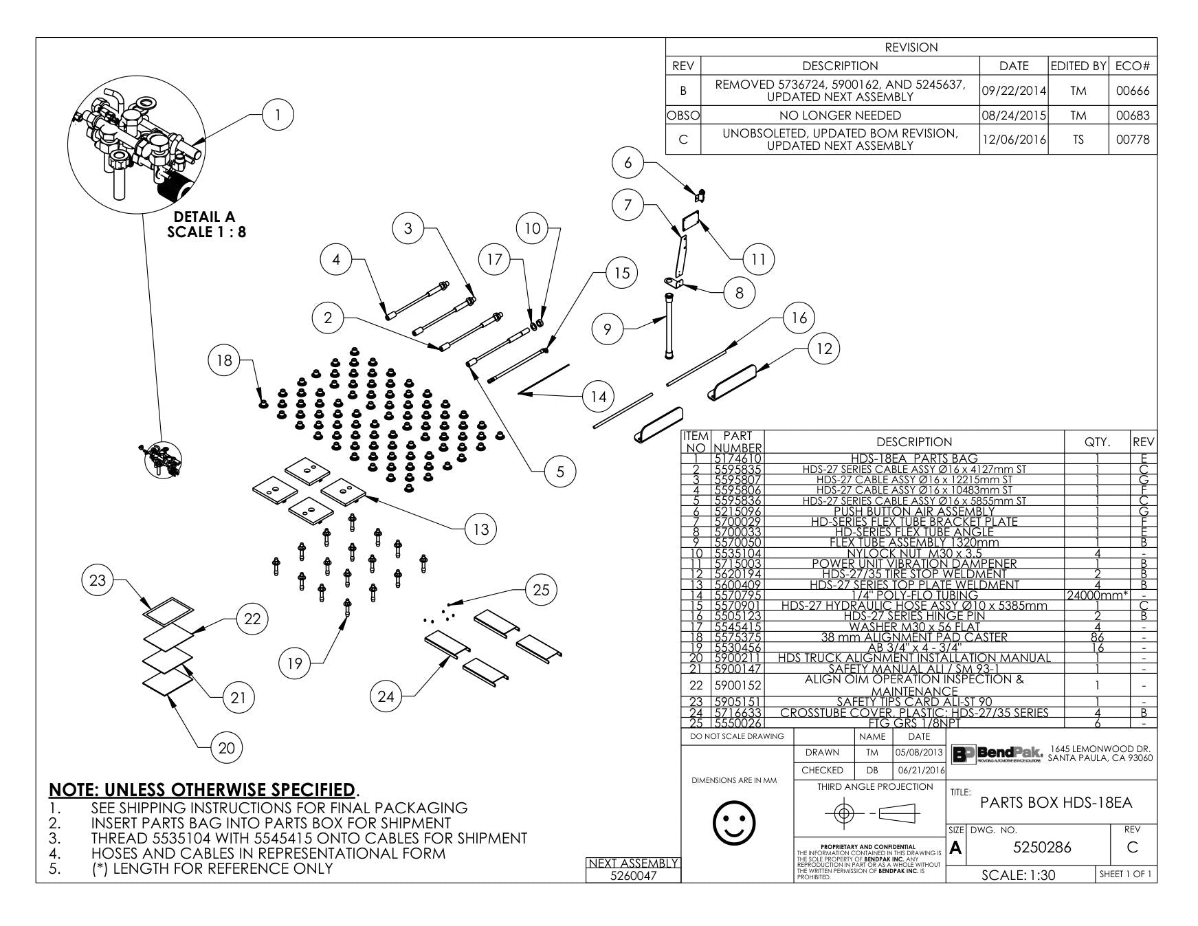 BendPak BENDPAK-5260047-HDS-18EA parts diagram — Hydraulic Hose Assembly Ø10 X 5385MM Sb is item 15 (PARTS BOX HDS-18EA)