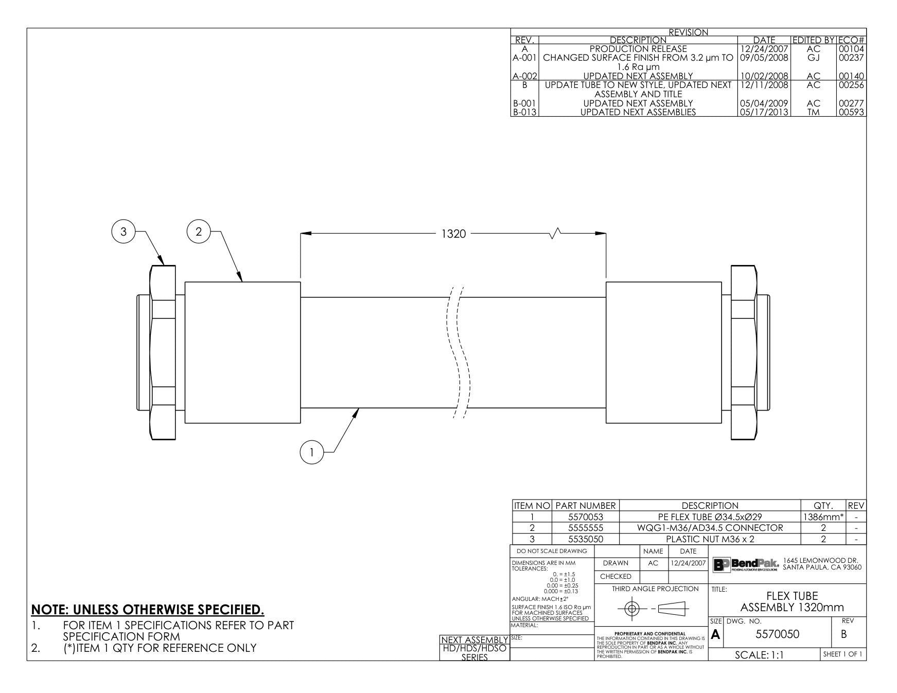 BendPak BENDPAK-5260047-HDS-18EA parts diagram — Conduit Connector, Thread Size M36 X 2.0 is item 2 (FLEX TUBE ASSEMBLY 1320mm)