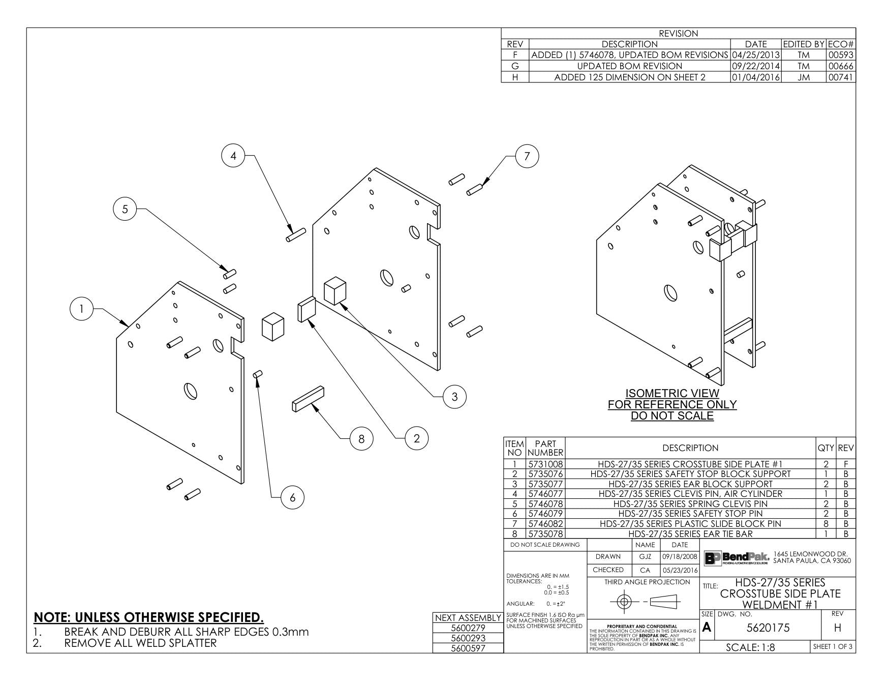 BendPak BENDPAK-5260047-HDS-18EA parts diagram — HDS-18/27/35/40 Series Plastic Slide Block Pin, 45MM Long is item 7 (HDS-27/35 SERIES CROSSTUBE SIDE PLATE WELDMENT #1)