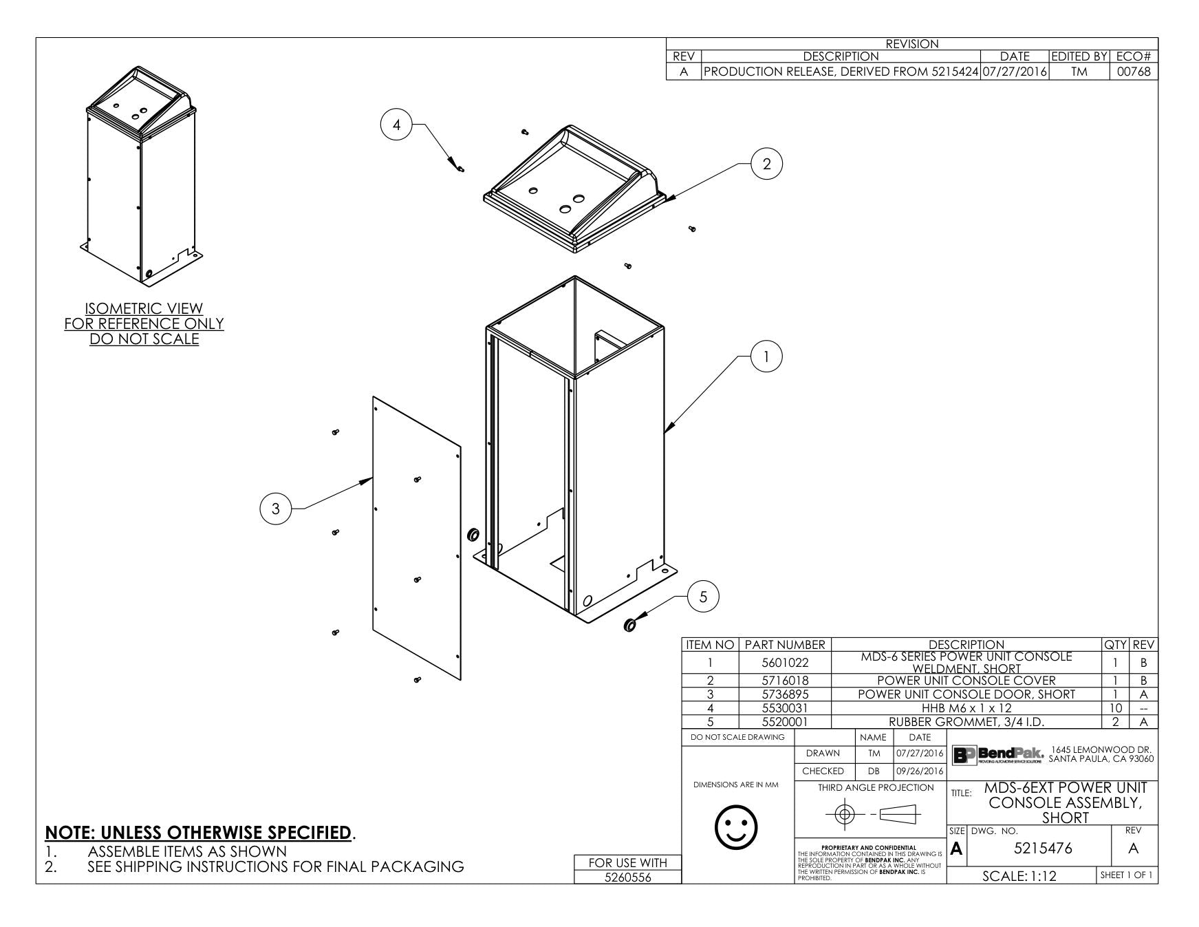 BendPak BENDPAK-5260079-MDS-6K parts diagram — Hhb M6 X 1.0 X 12MM is item 4 (MDS-6EXT POWER UNIT CONSOLE ASSEMBLY, SHORT)