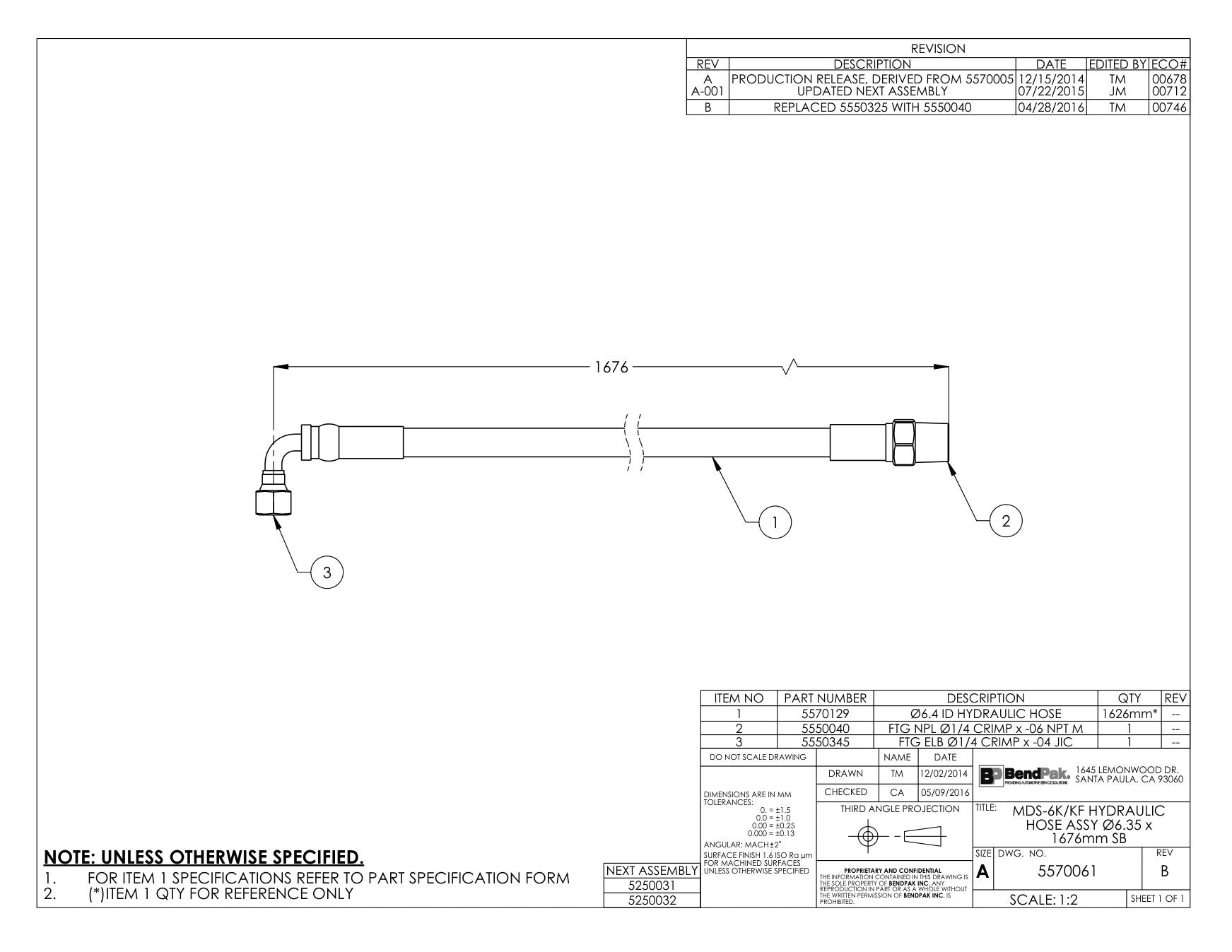 BendPak BENDPAK-5260079-MDS-6K parts diagram — Elbow Fitting, 90-DEG. -04 Crimp X -04 F JIC Swivel is item 3 (HOSE ASSY Ø6.35 x)