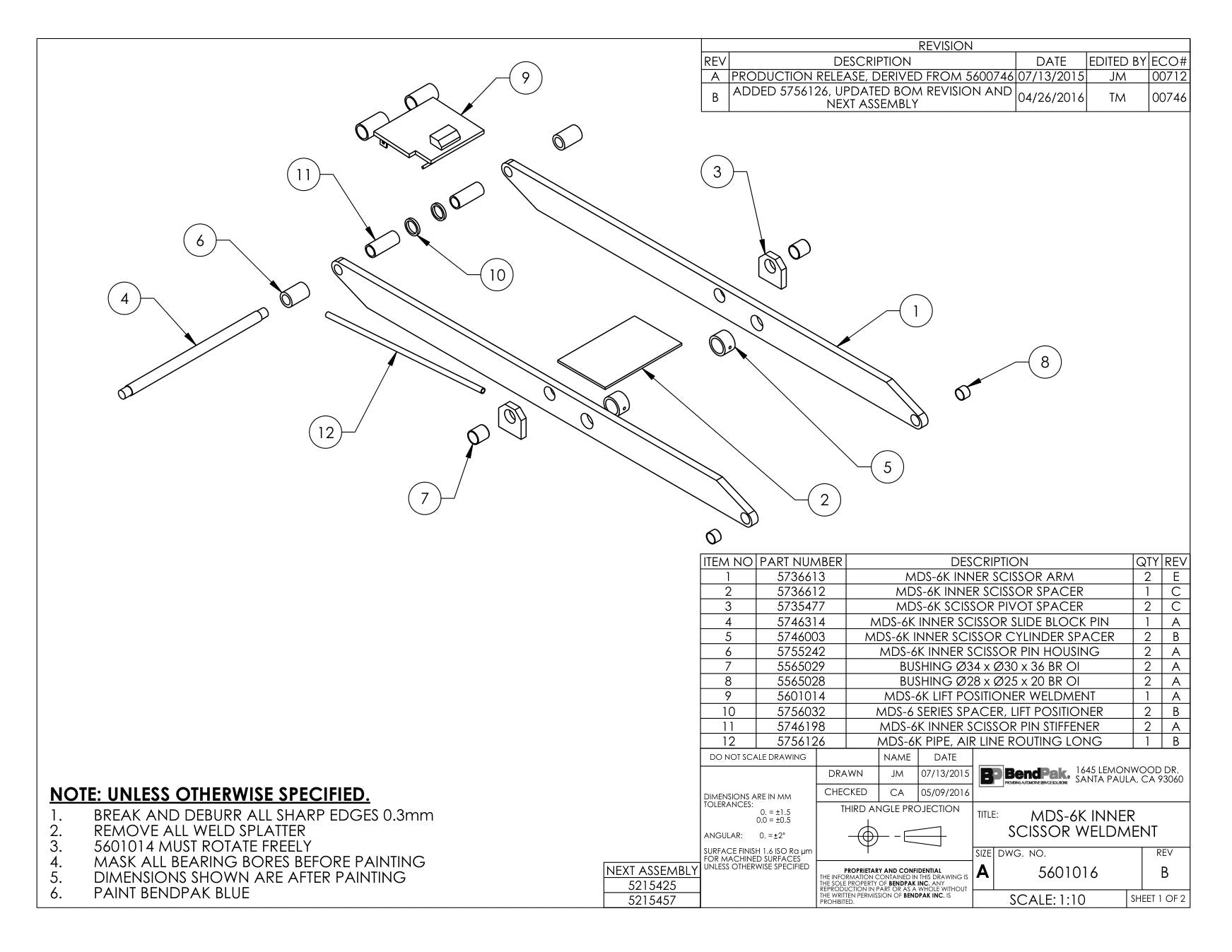 BendPak BENDPAK-5260079-MDS-6K parts diagram — Inner Scissor Slide Block Pin; MDS-6K is item 4 (MDS-6K INNER SCISSOR WELDMENT)