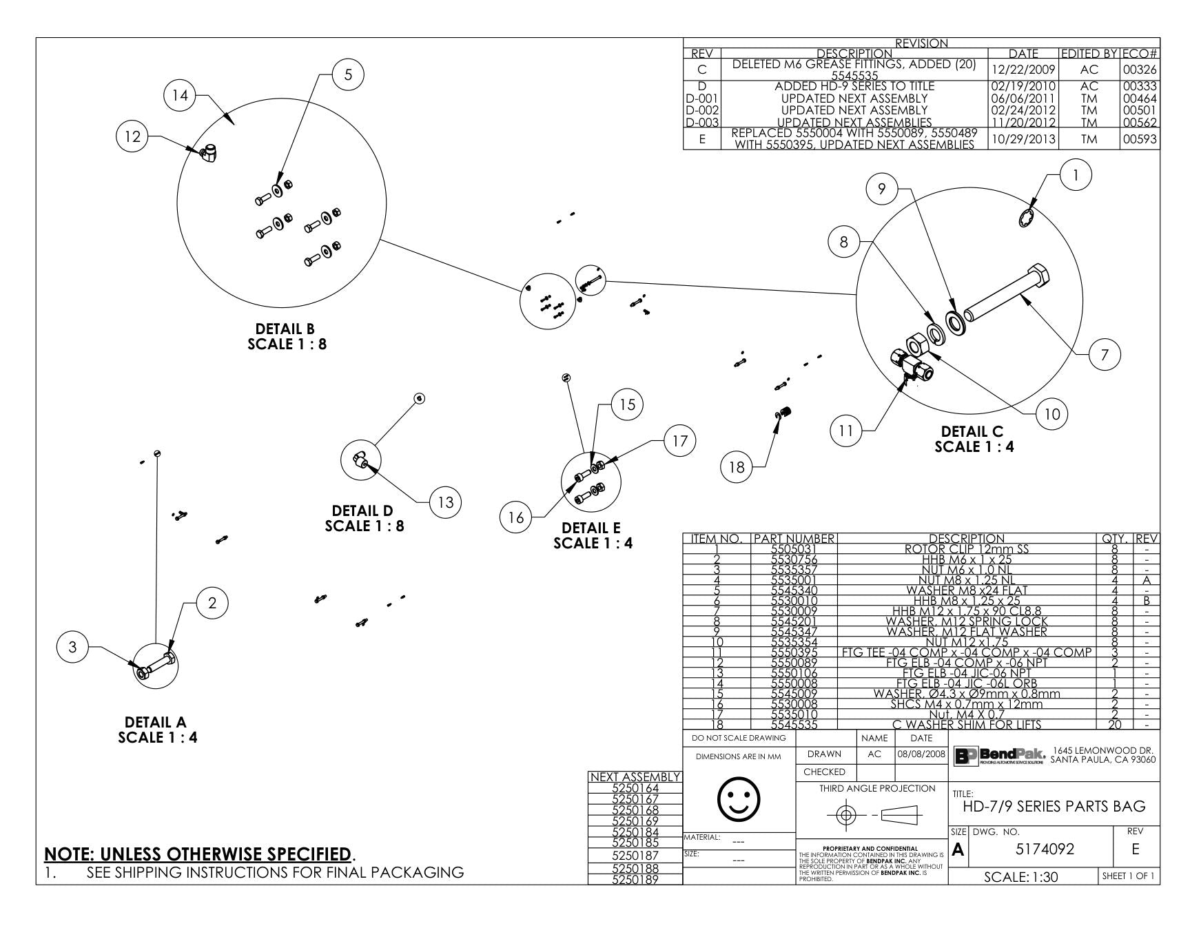 BendPak BENDPAK-5260096-HD-9 parts diagram — Hhb M6 X 1.0 X 25 Zpl is item 2 (HD-7/9 SERIES PARTS BAG)