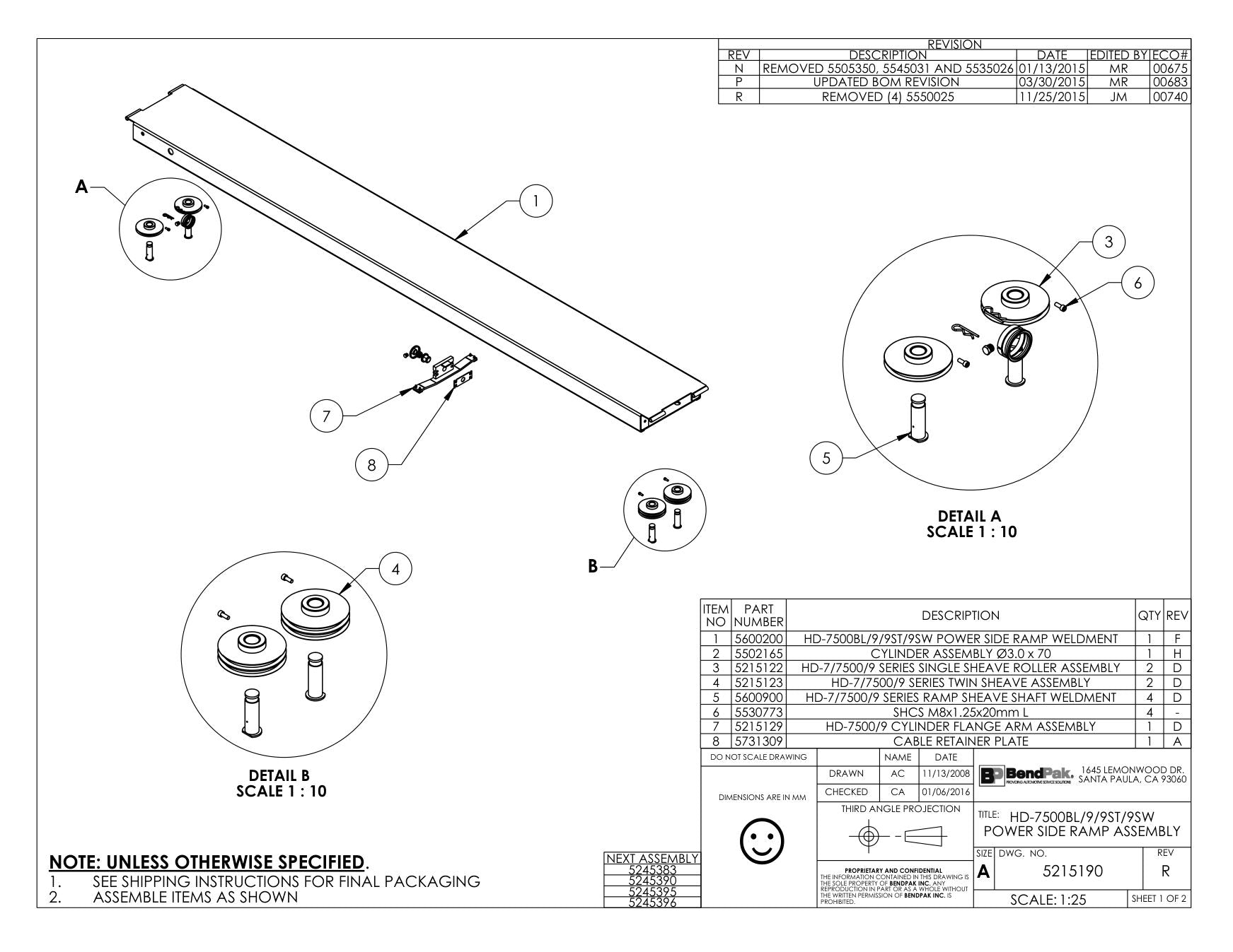 BendPak BENDPAK-5260096-HD-9 parts diagram — Ramp Sheave Shaft Weldment; HD-7/7500/9 is item 5 (HD-7500BL/9/9ST/9SW POWER SIDE RAMP ASSEMBLY)