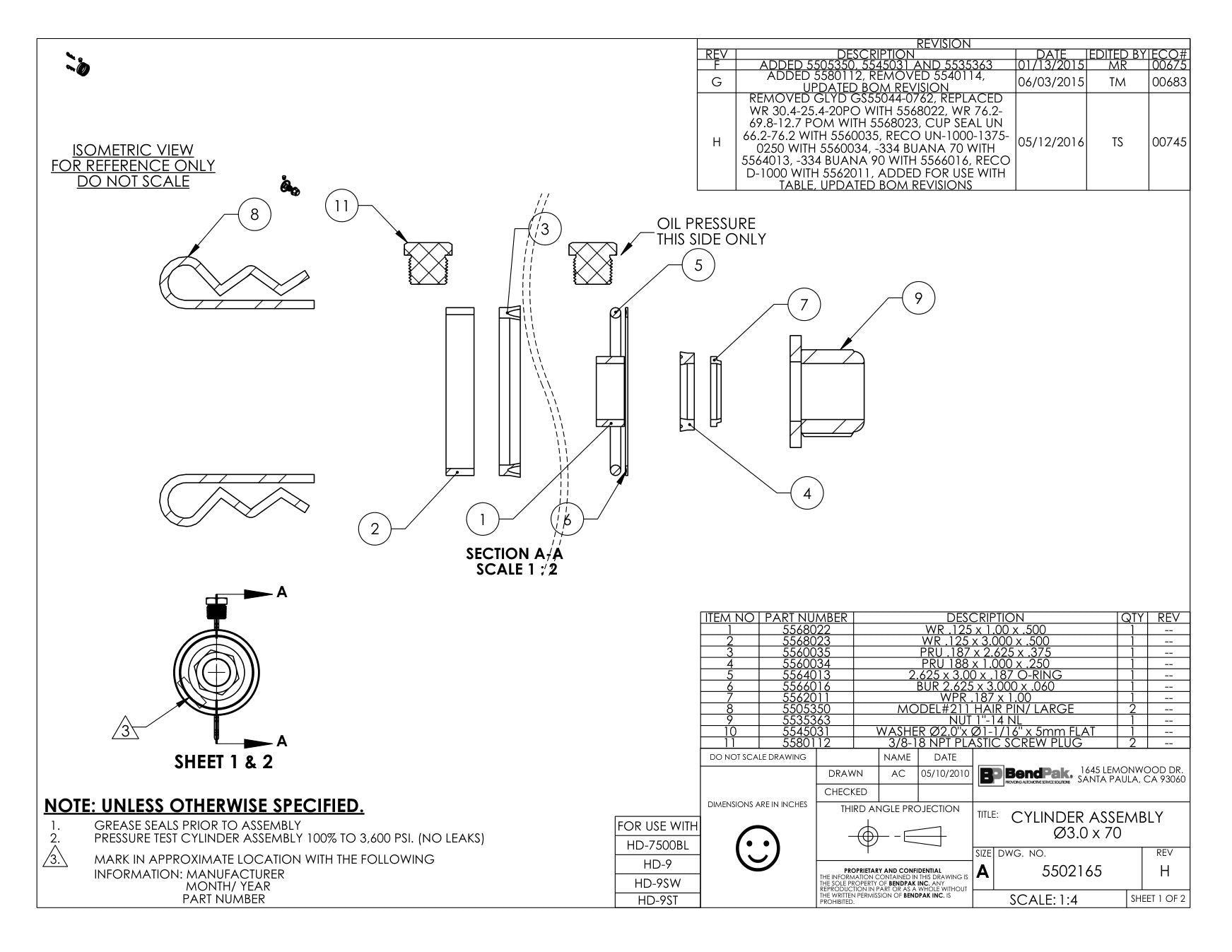 BendPak BENDPAK-5260096-HD-9 parts diagram — Nut 1"-14 Nl is item 9 (CYLINDER ASSEMBLY Ø3.0 x 70)