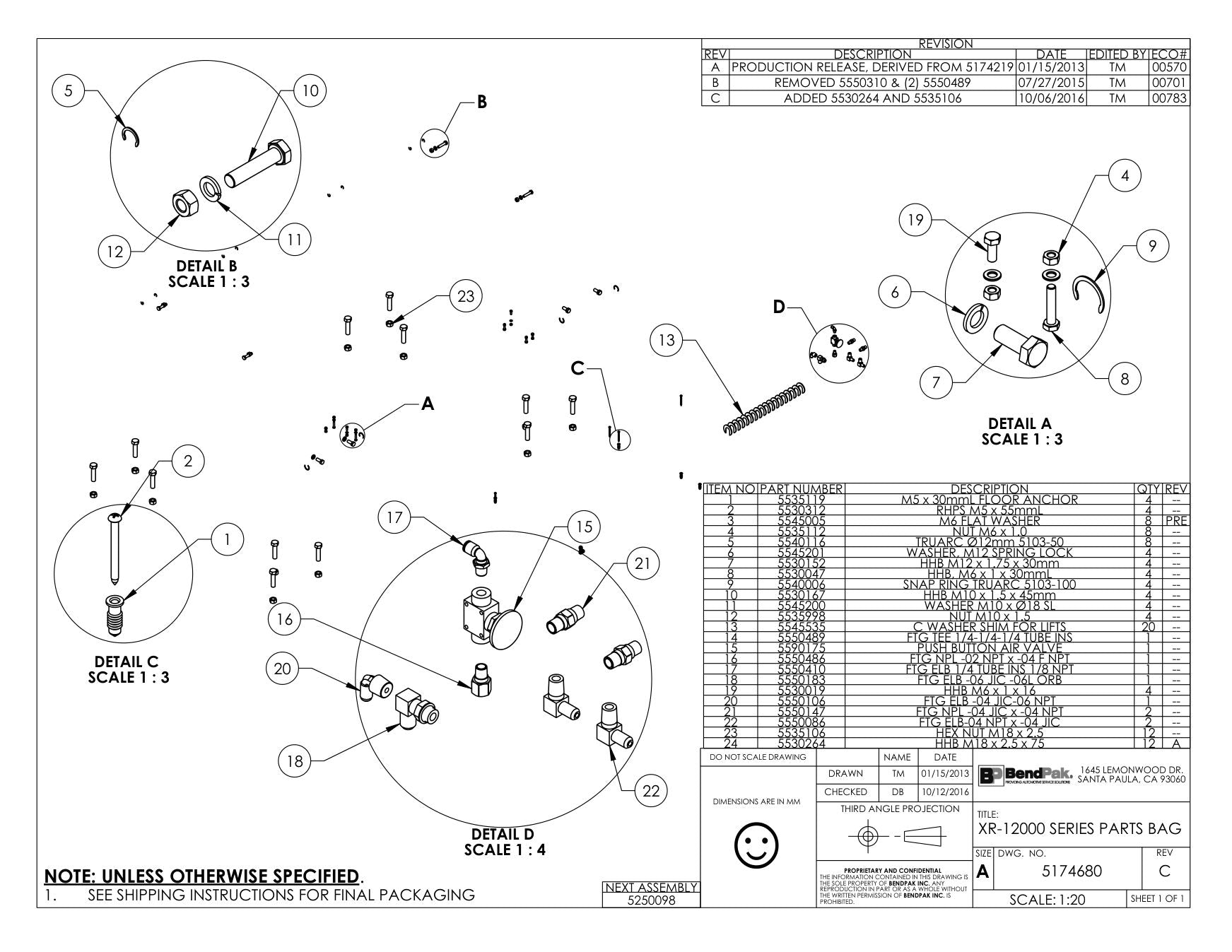 BendPak BENDPAK-5260101-XR-12000A parts diagram — Straight Fitting, Hex Nipple 1/4 JIC X 1/4 NPT is item 21 (XR-12000 SERIES PARTS BAG)