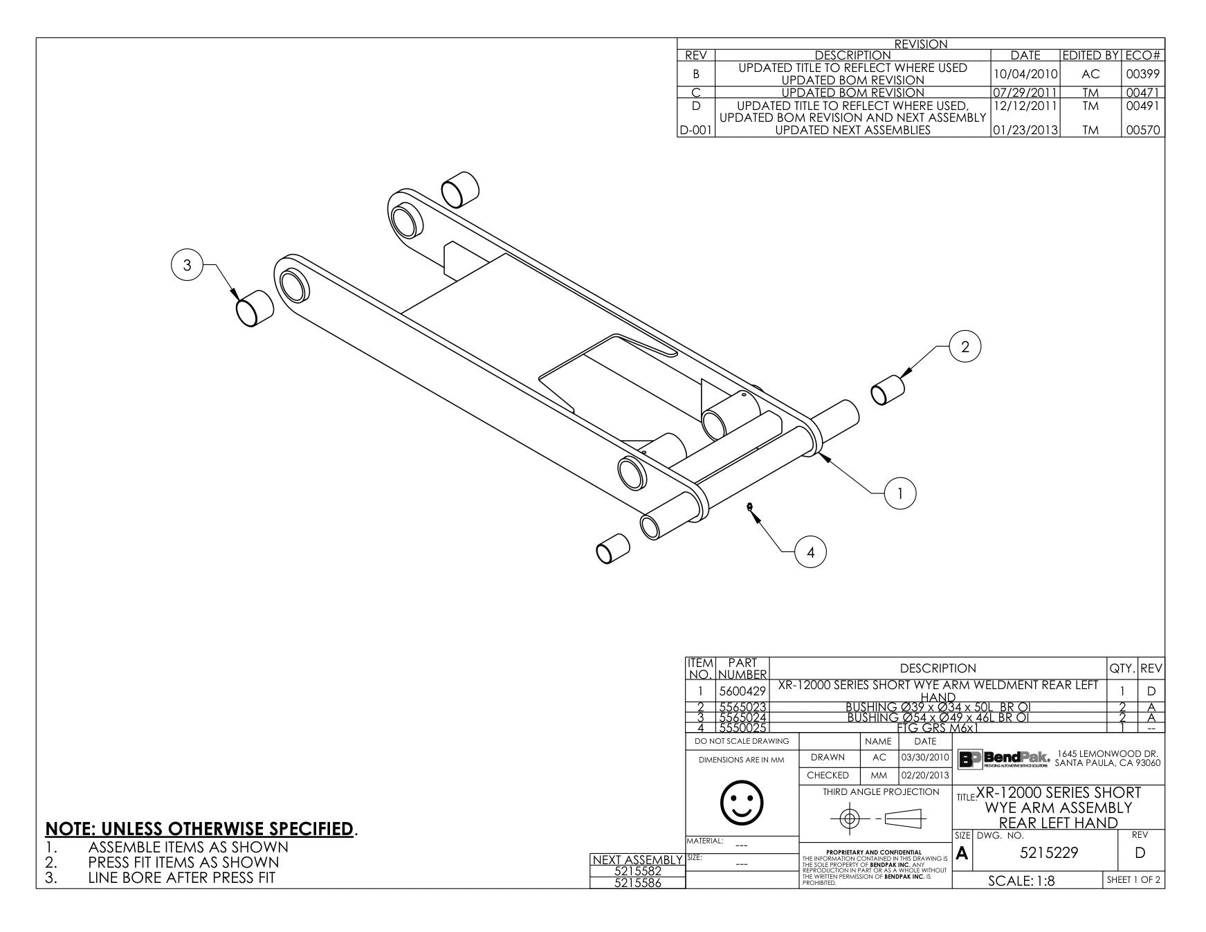 BendPak BENDPAK-5260101-XR-12000A parts diagram — Bushing 55 X 50 X 46L Br Oi is item 3 (XR-12000 SERIES SHORT WYE ARM ASSEMBLY REAR LEFT HAND)