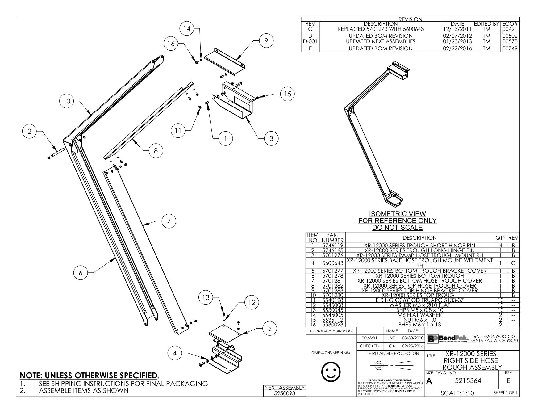 BendPak BENDPAK-5260101-XR-12000A parts diagram — Trough Short Hinge Pin; XR-12000/A is item 1 (XR-12000 SERIES RIGHT SIDE HOSE TROUGH ASSEMBLY)