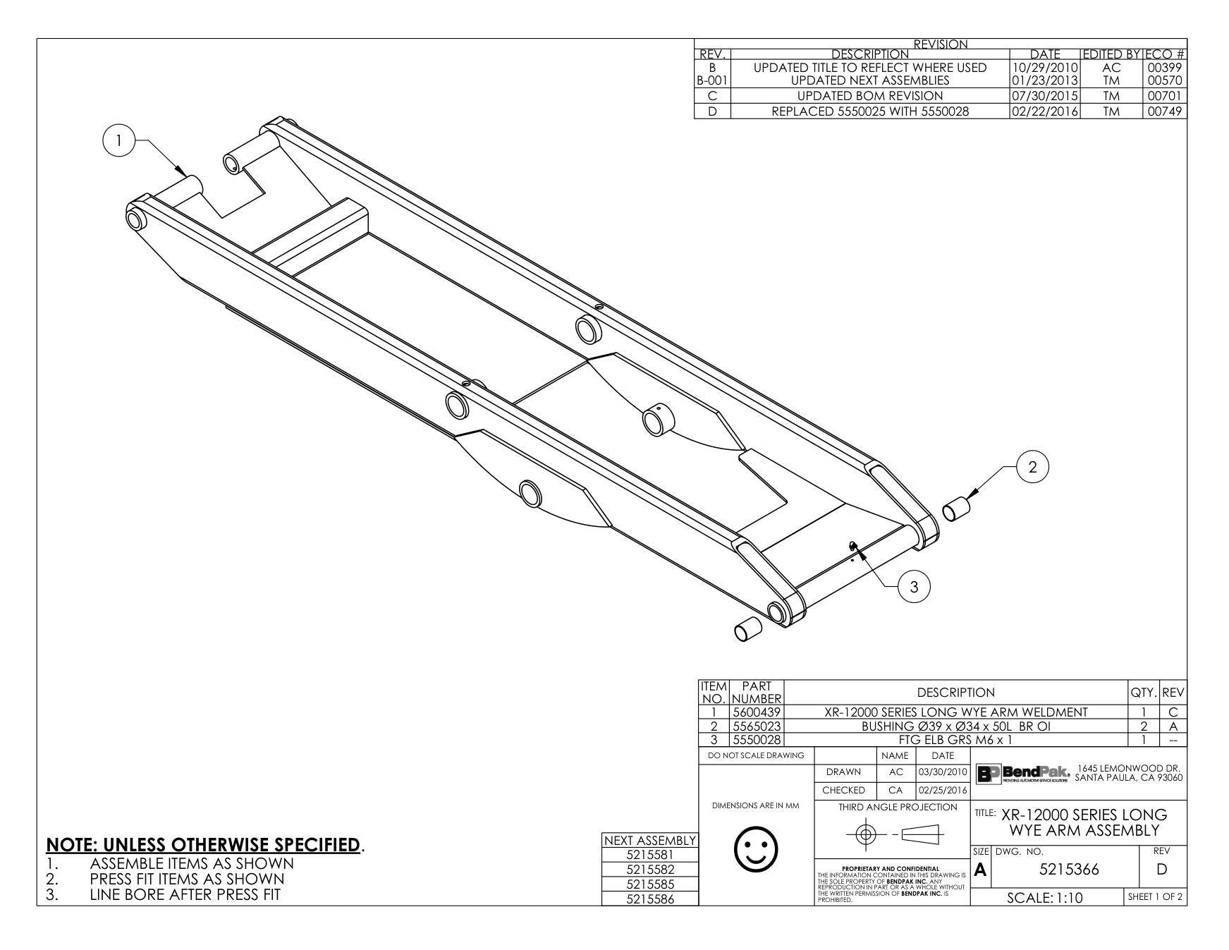 BendPak BENDPAK-5260101-XR-12000A parts diagram — Ftg 90 Deg. Elb Grs M6 X 1MM is item 3 (XR-12000 SERIES LONG WYE ARM ASSEMBLY)