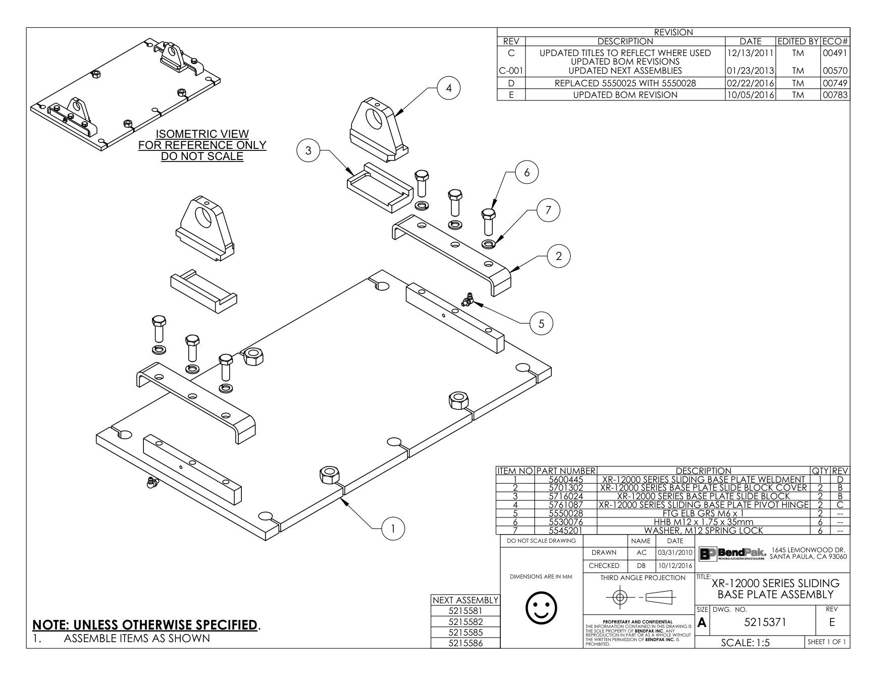 BendPak BENDPAK-5260101-XR-12000A parts diagram — Hhb M12 X 1.75 X 35 is item 6 (XR-12000 SERIES SLIDING BASE PLATE ASSEMBLY)