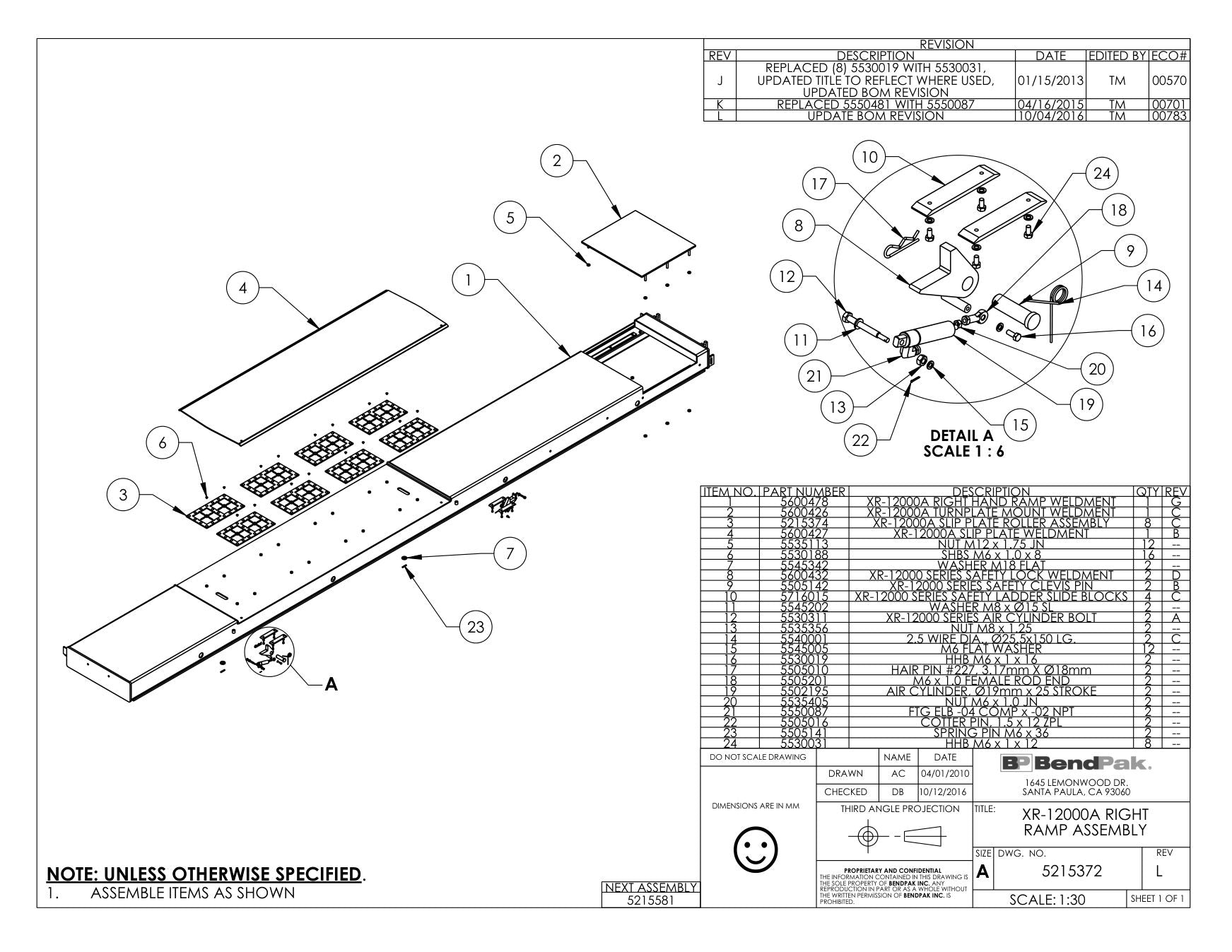 BendPak BENDPAK-5260101-XR-12000A parts diagram — Safety Clevis Pin; XR-12000 is item 9 (XR-12000A RIGHT RAMP ASSEMBLY)