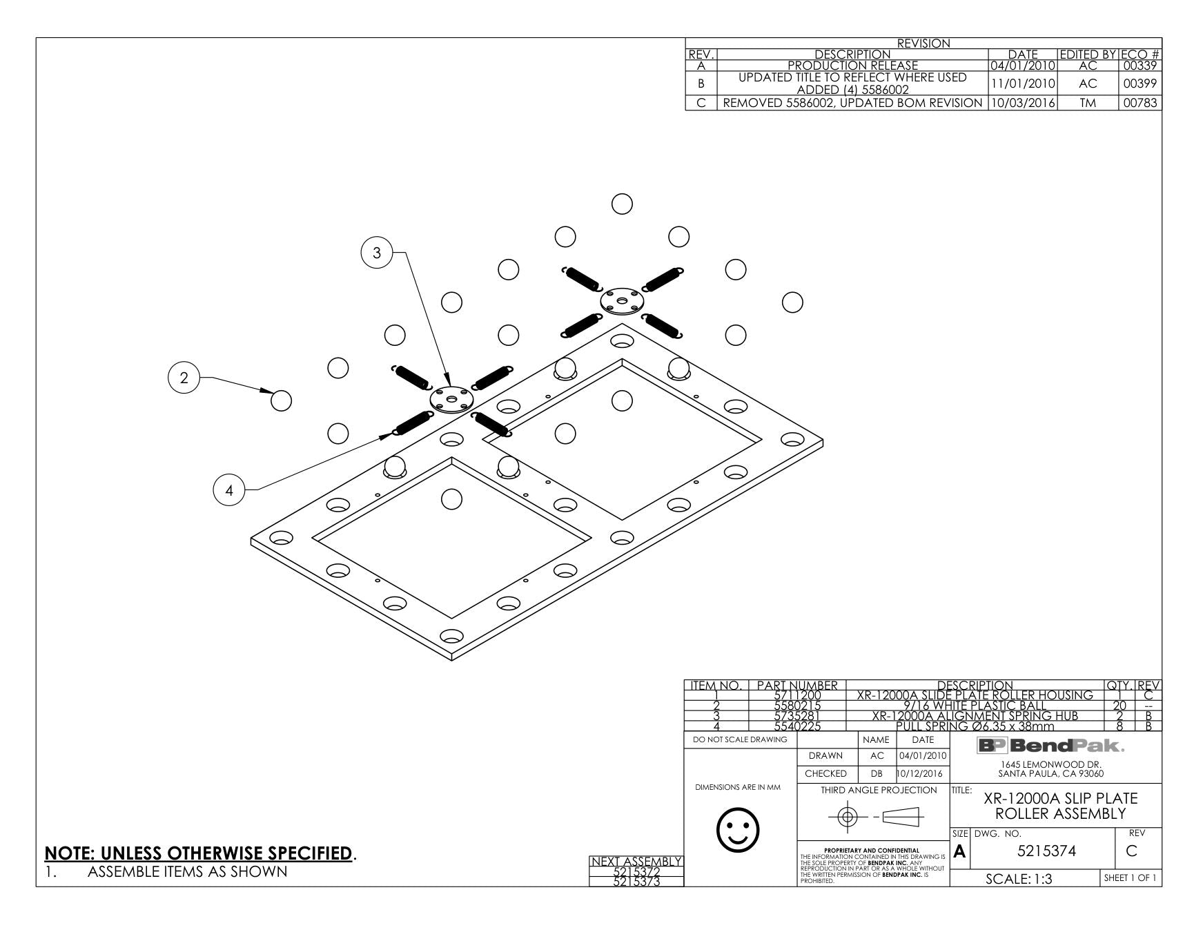 BendPak BENDPAK-5260101-XR-12000A parts diagram — Nylon Turnplate Balls 9/16'' (14MM) is item 2 (XR-12000A SLIP PLATE ROLLER ASSEMBLY)