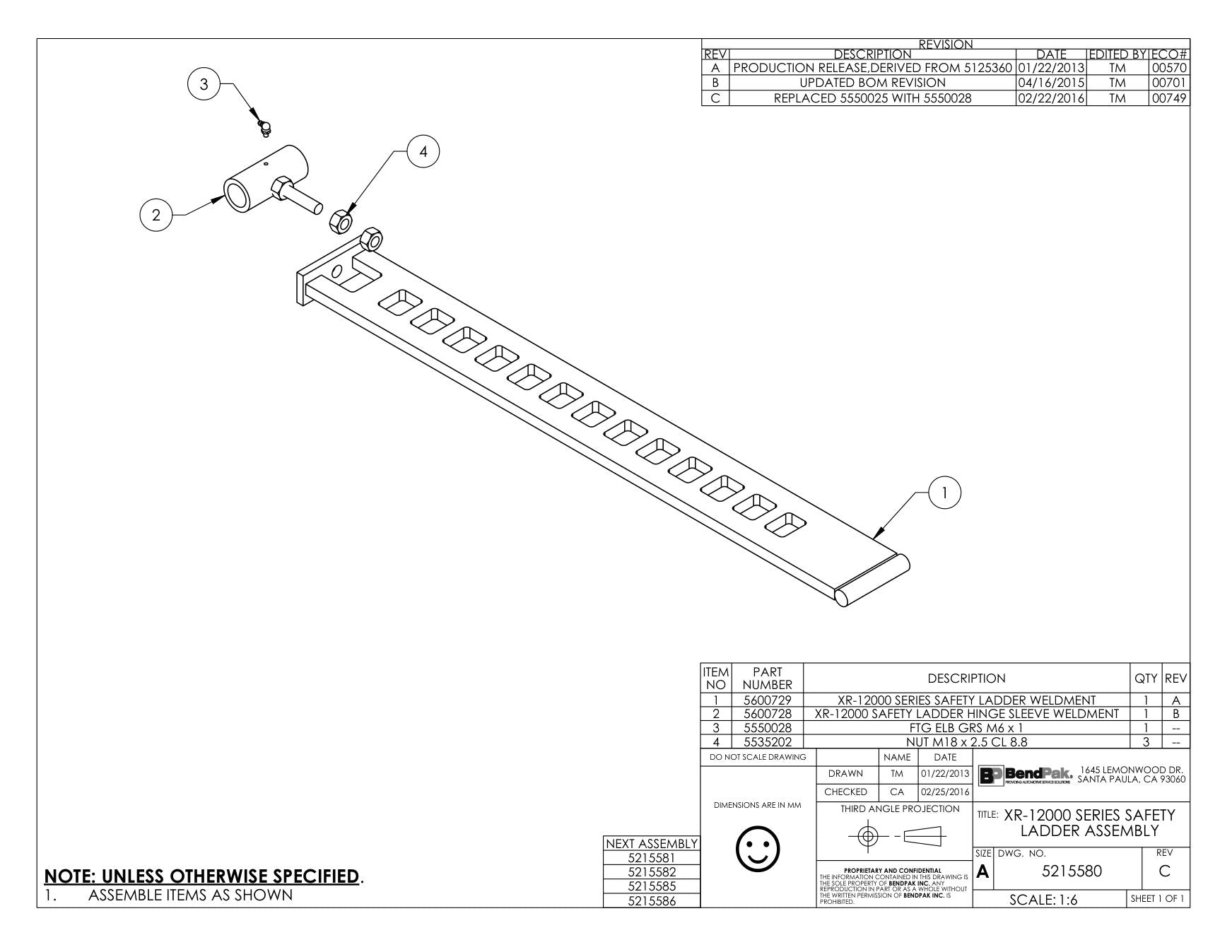 BendPak BENDPAK-5260101-XR-12000A parts diagram — Nut M18 X 2.5 Cl 8.8 is item 4 (XR-12000 SERIES SAFETY LADDER ASSEMBLY)
