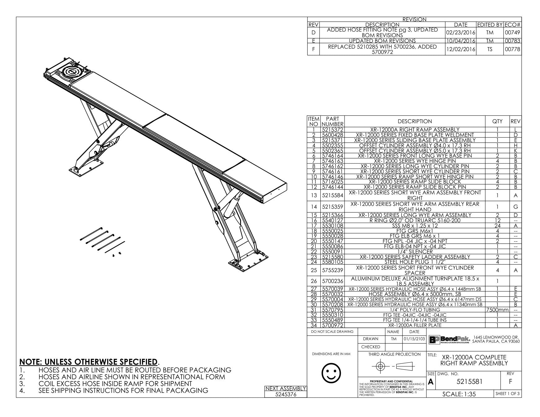 BendPak BENDPAK-5260101-XR-12000A parts diagram — Hose Assy; 6.35 X 6147MM Ds is item 29 (XR-12000A COMPLETE RIGHT RAMP ASSEMBLY)