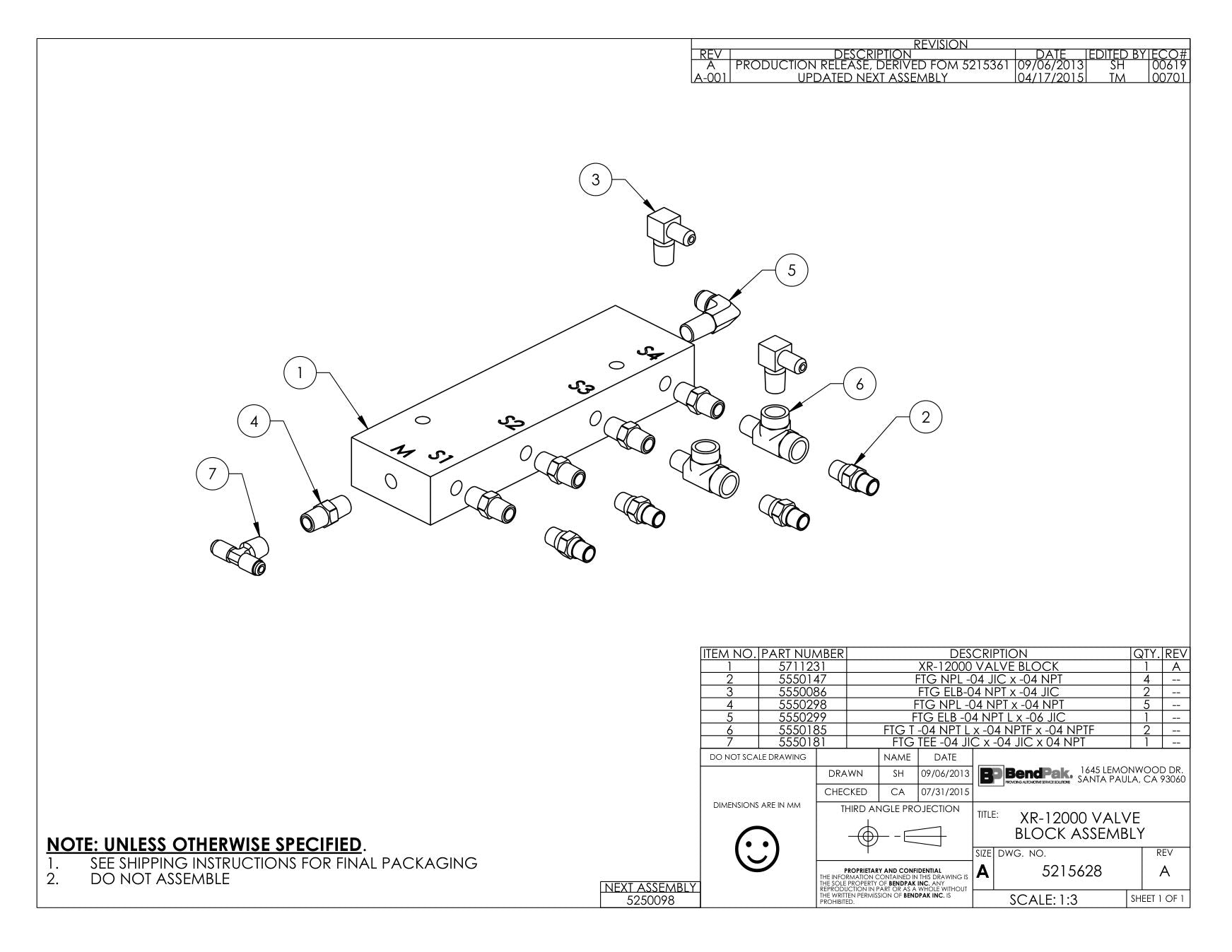 BendPak BENDPAK-5260101-XR-12000A parts diagram — Tee Fitting 1/4 JIC X 1/4 JIC X 1/4 NPT is item 7 (XR-12000 VALVE BLOCK ASSEMBLY)