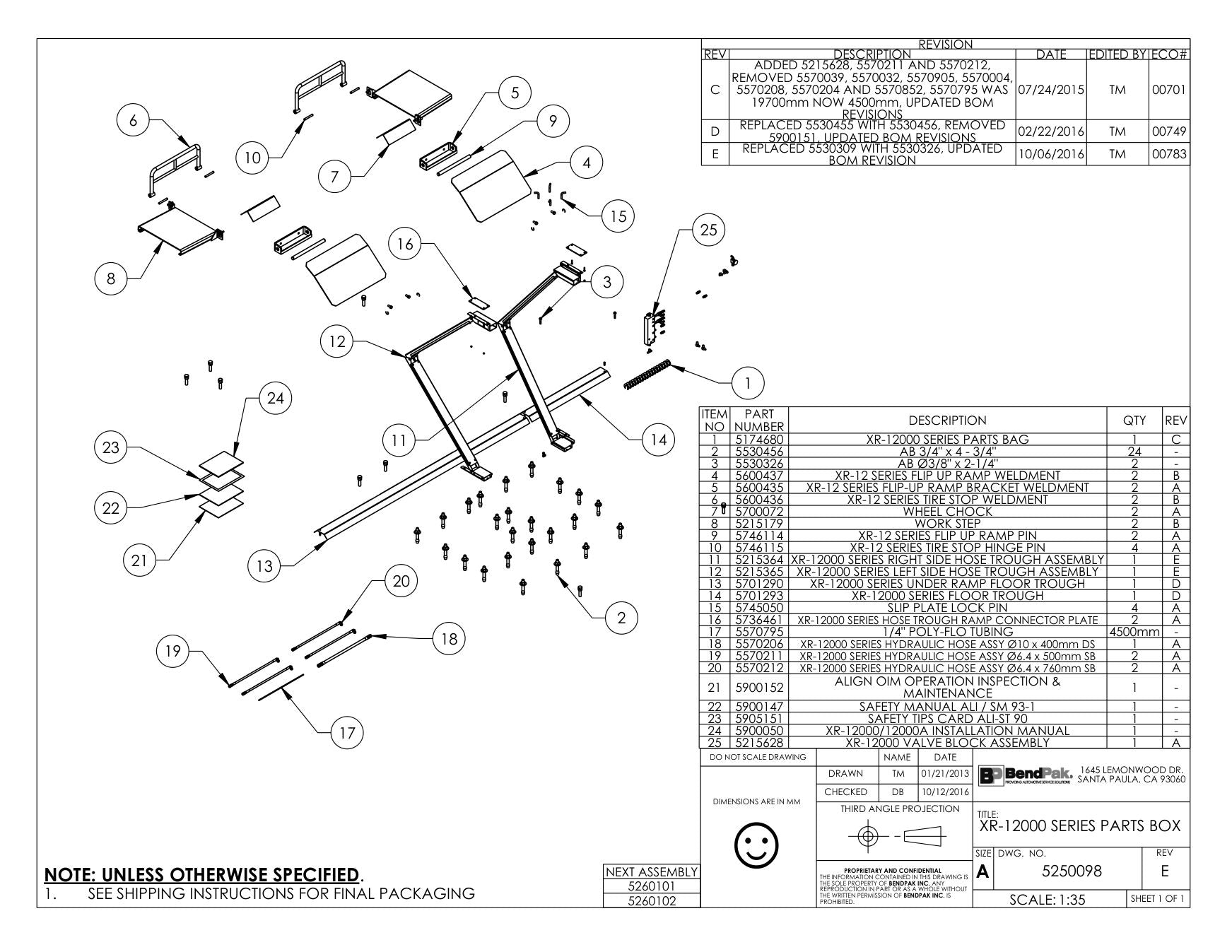 BendPak BENDPAK-5260101-XR-12000A parts diagram — P9000 / XR-12000 Floor Trough, Long is item 14 (XR-12000 SERIES PARTS BOX)