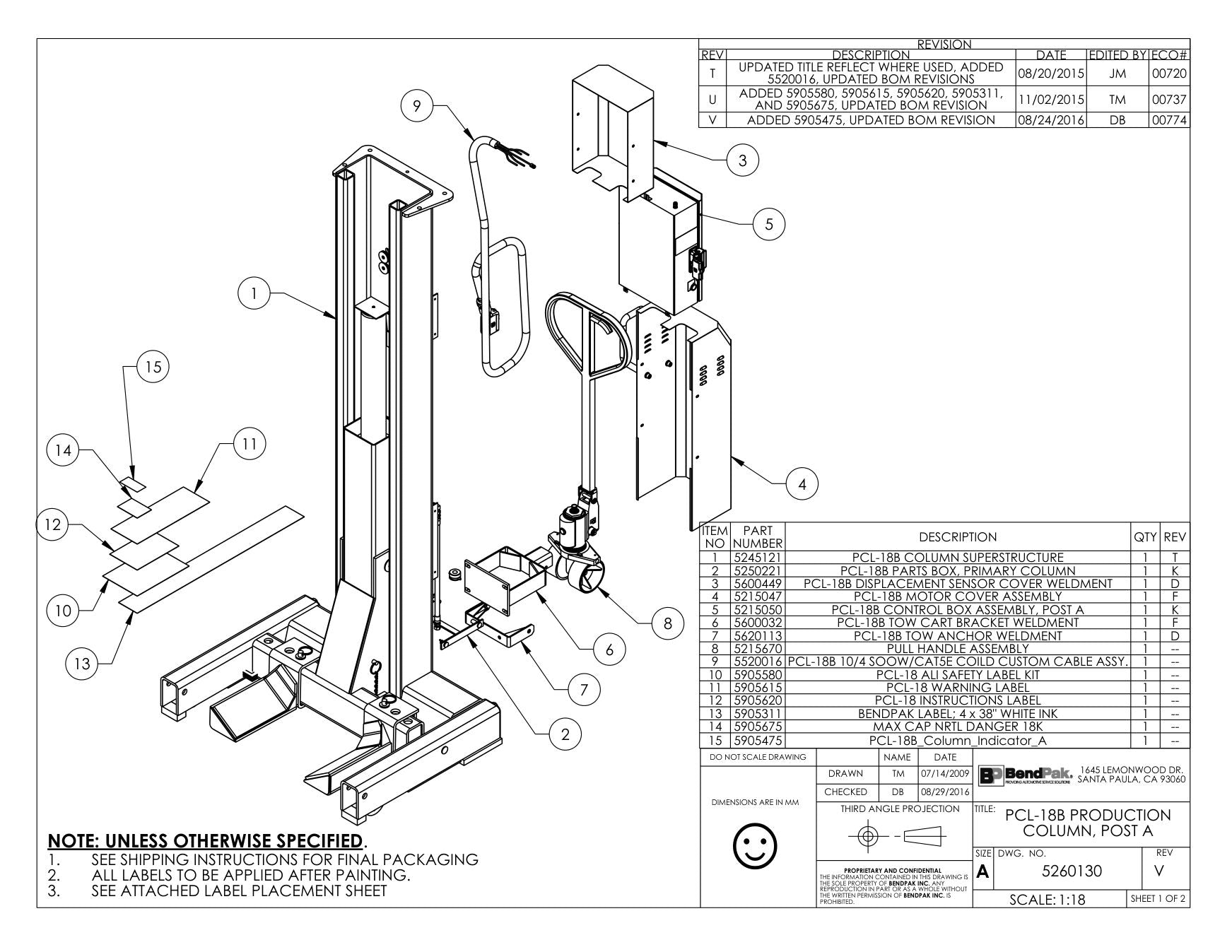 BendPak BENDPAK-5260130-PCL-18B parts diagram — PCL-18B Post a, Control Box Assembly is item 5 (PCL-18B PRODUCTION COLUMN, POST A)