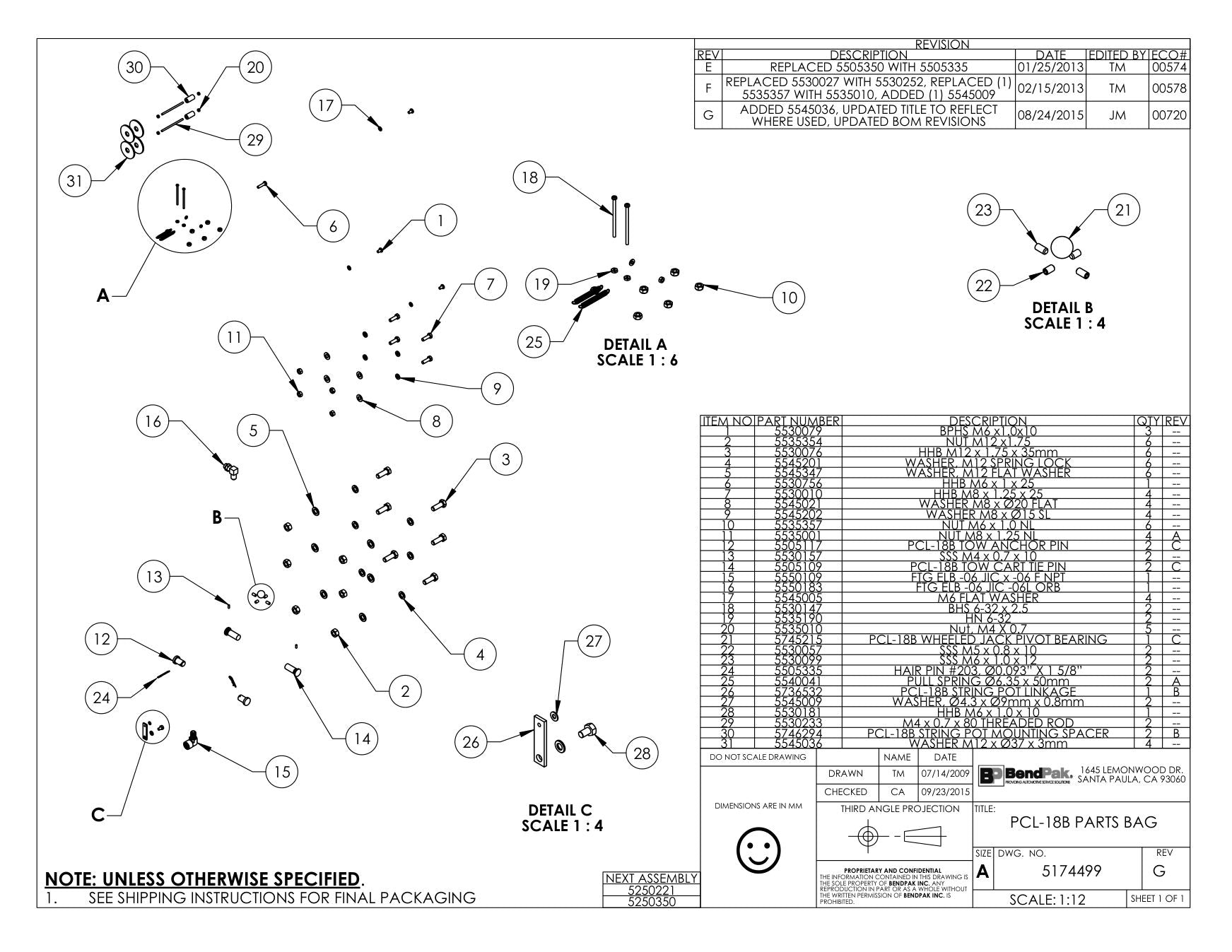 BendPak BENDPAK-5260130-PCL-18B parts diagram — Sss M4 X 0.7 X 10 is item 13 (PCL-18B PARTS BAG)
