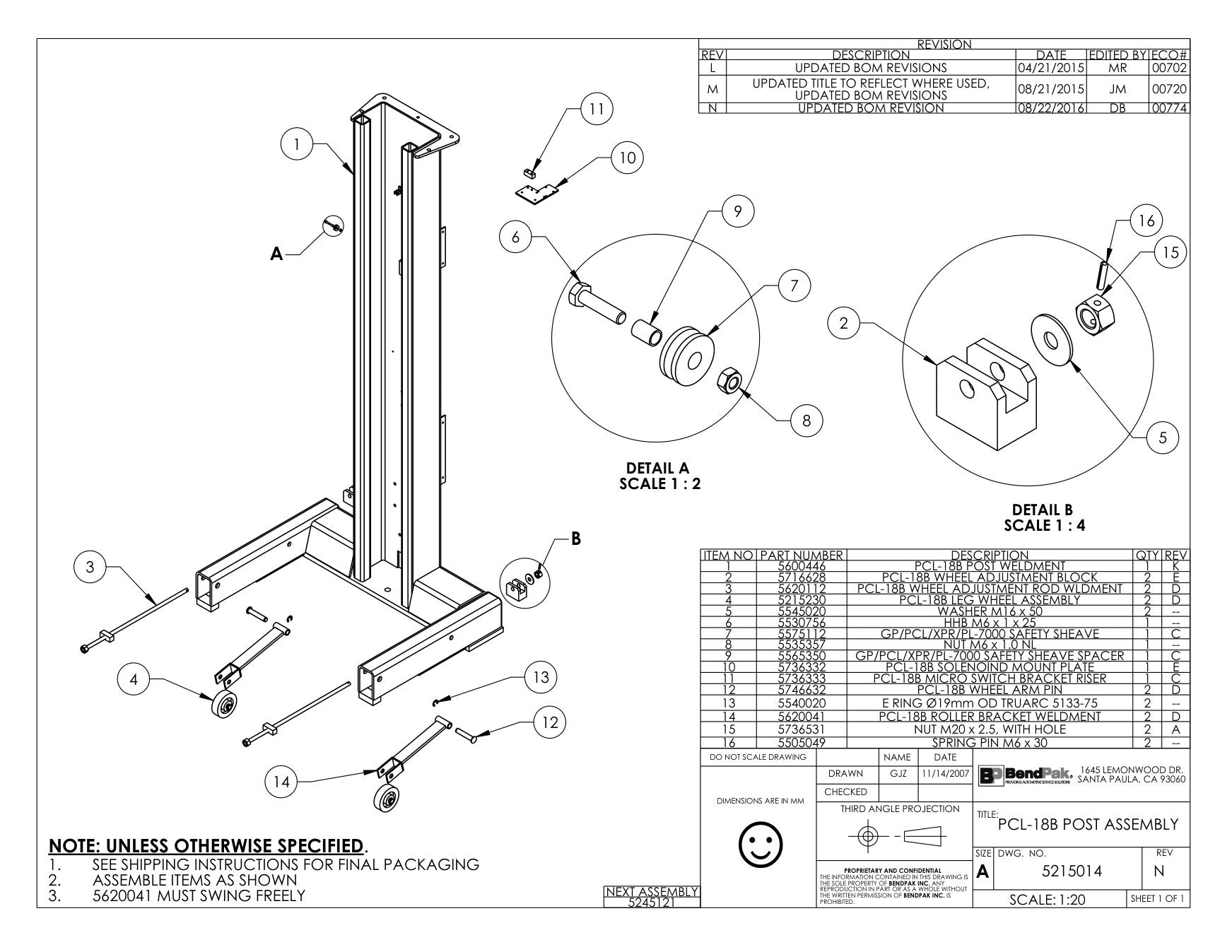 BendPak BENDPAK-5260130-PCL-18B parts diagram — PCL-18B Leg Wheel Assembly is item 4 (PCL-18B POST ASSEMBLY)