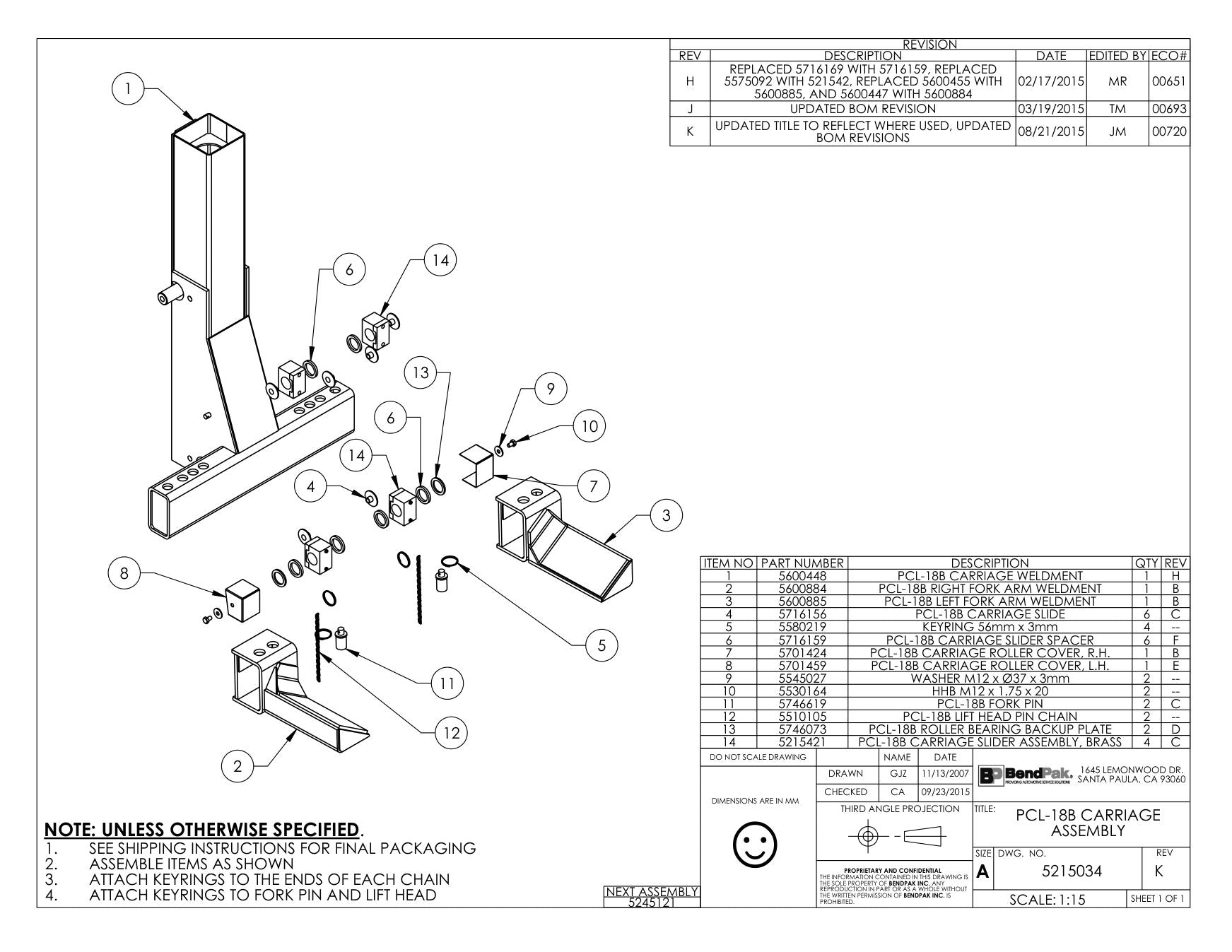 BendPak BENDPAK-5260130-PCL-18B parts diagram — PCL-18B Carriage Slider Assembly, Brass is item 14 (PCL-18B CARRIAGE ASSEMBLY)