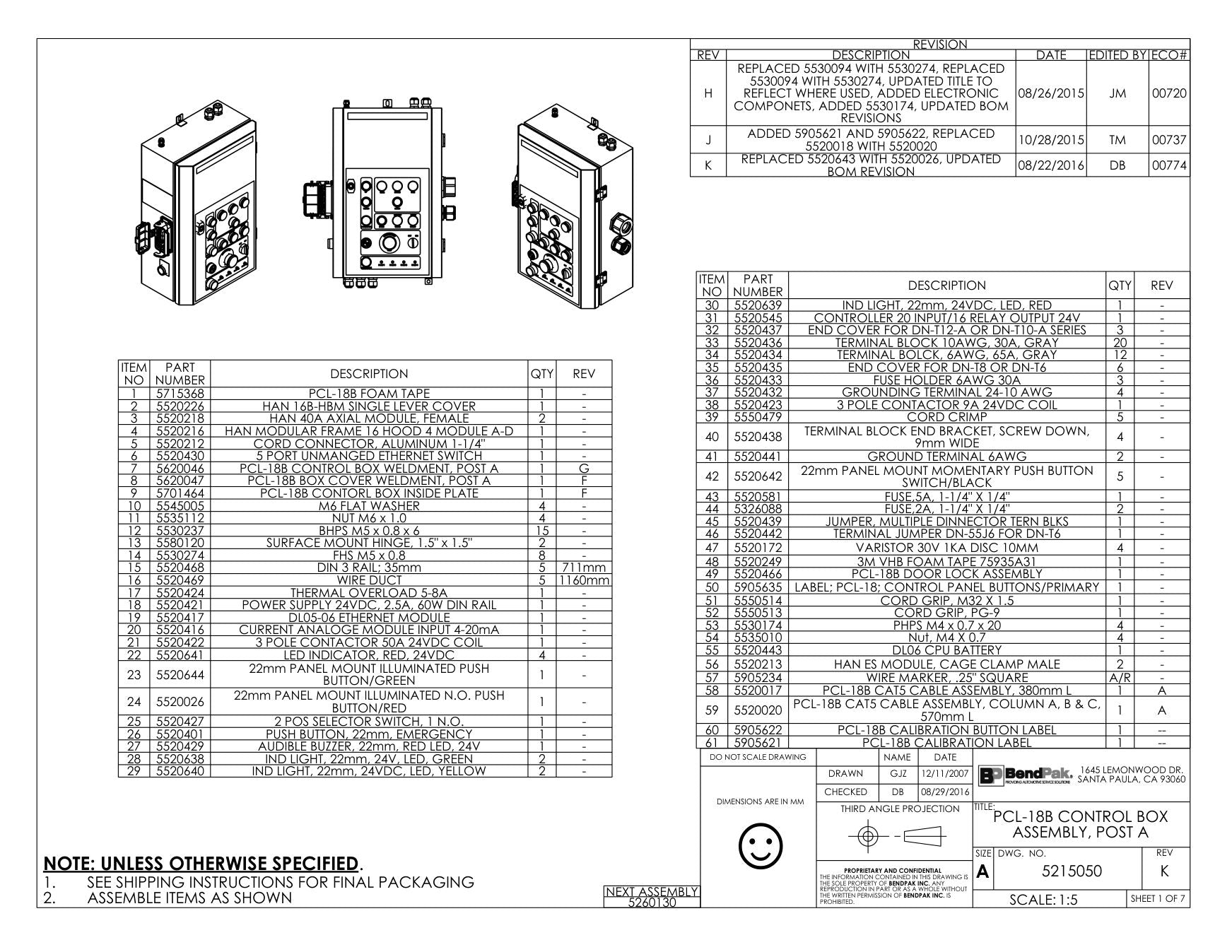 BendPak BENDPAK-5260130-PCL-18B parts diagram — Panel Mount Indicator Led / Red is item 22 (PCL-18B CONTROL BOX ASSEMBLY, POST A)