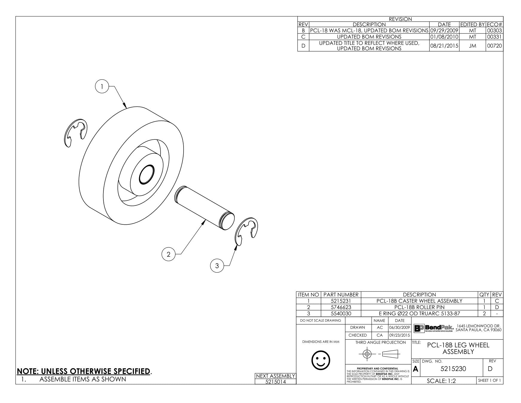 BendPak BENDPAK-5260130-PCL-18B parts diagram — PCL-18B Caster Wheel Assembly is item 1 (PCL-18B LEG WHEEL ASSEMBLY)