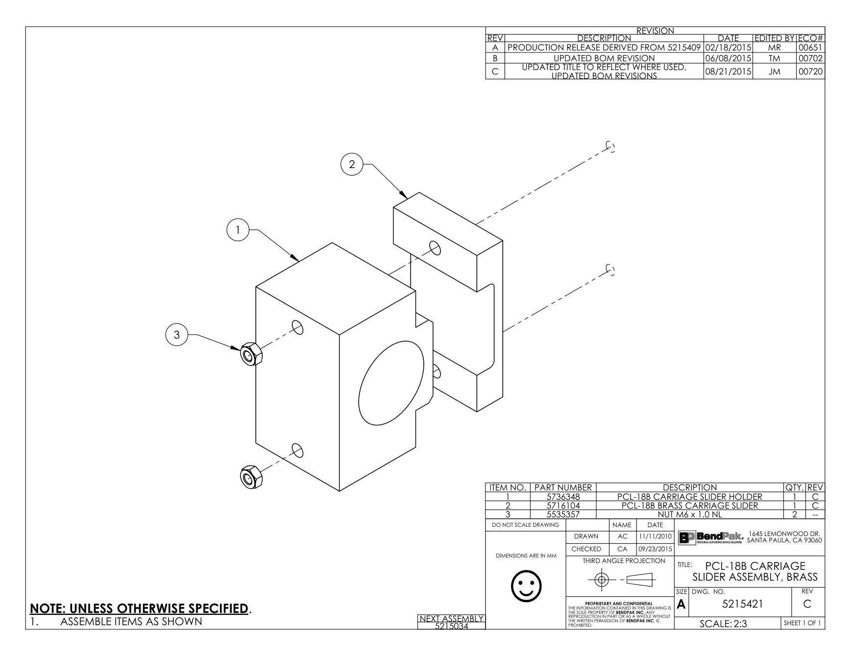 BendPak BENDPAK-5260130-PCL-18B parts diagram — PCL-18B Brass Carriage Slider is item 2 (PCL-18B CARRIAGE SLIDER ASSEMBLY, BRASS)