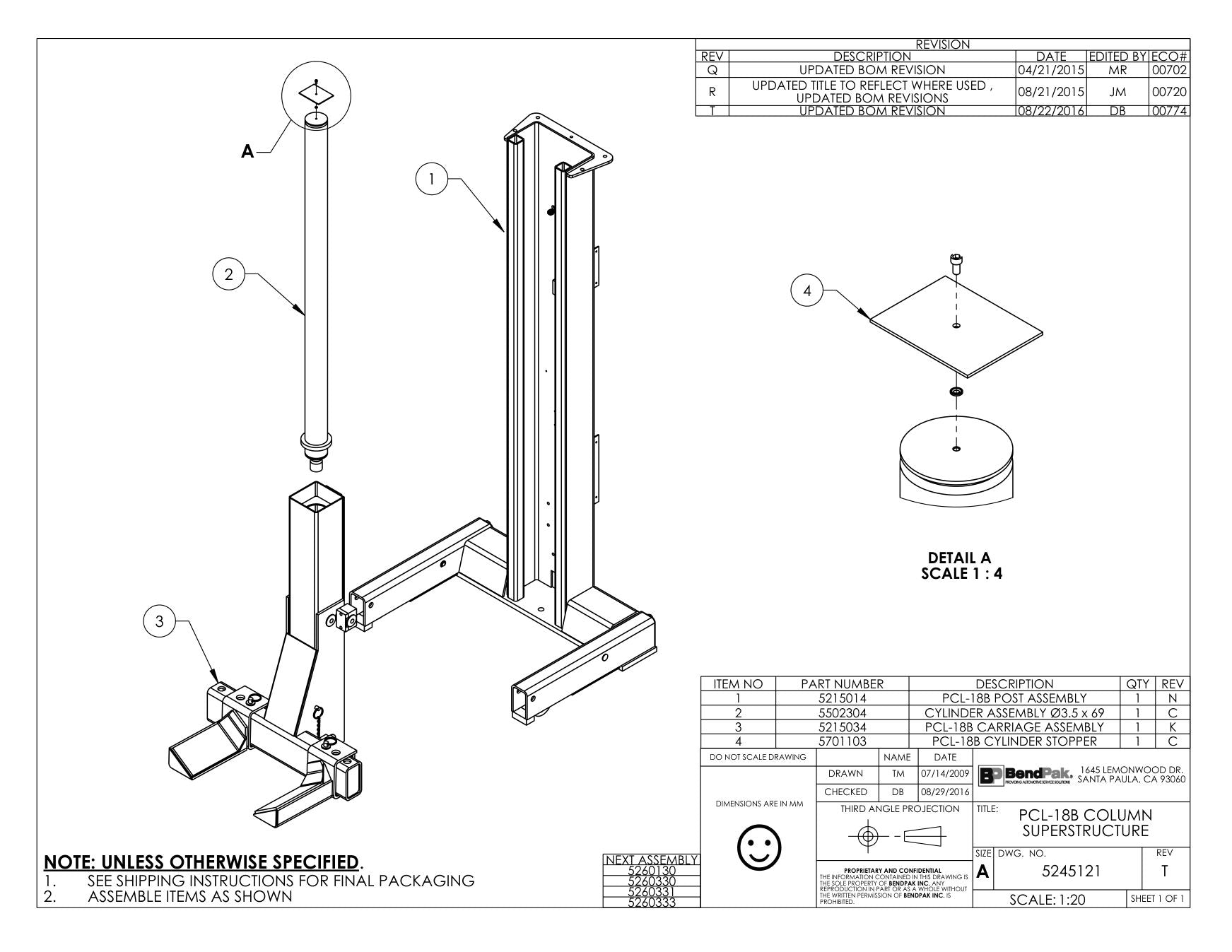 BendPak BENDPAK-5260130-PCL-18B parts diagram — PCL-18B Cylinder Assembly Ø3.5 X 69 is item 2 (PCL-18B COLUMN SUPERSTRUCTURE)