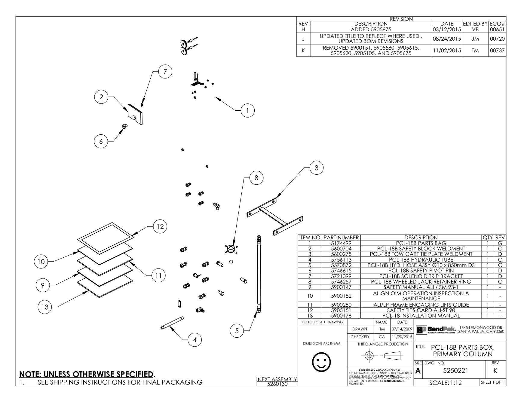BendPak BENDPAK-5260130-PCL-18B parts diagram — Tow Cart Tie Plate Weldment; PCL-18B is item 3 (PCL-18B PARTS BOX, PRIMARY COLUMN)