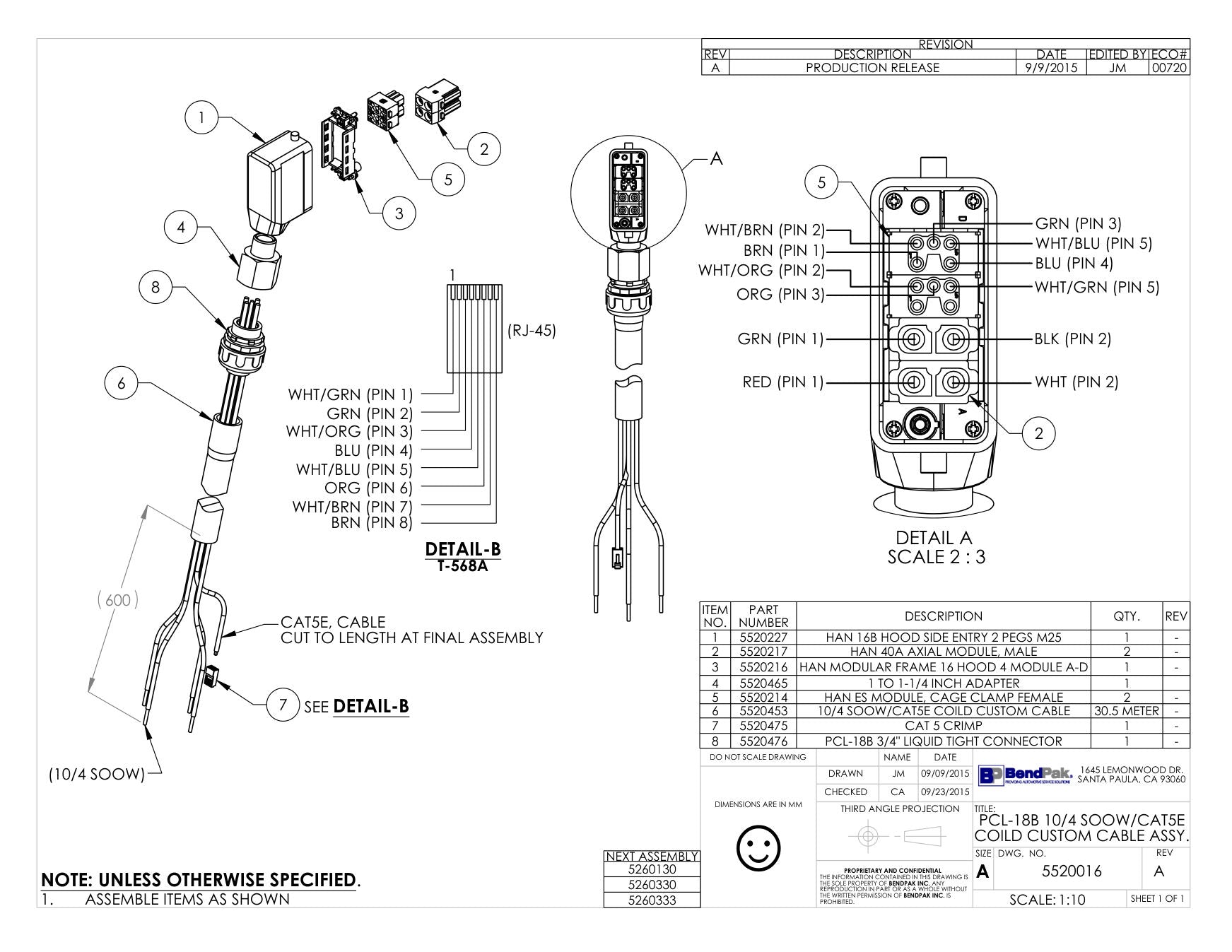 BendPak BENDPAK-5260130-PCL-18B parts diagram — 5520214 - Han Es Module, Cage Clamp Female is item 5 (PCL-18B 10/4 SOOW/CAT5E COILD CUSTOM CABLE ASSY.)