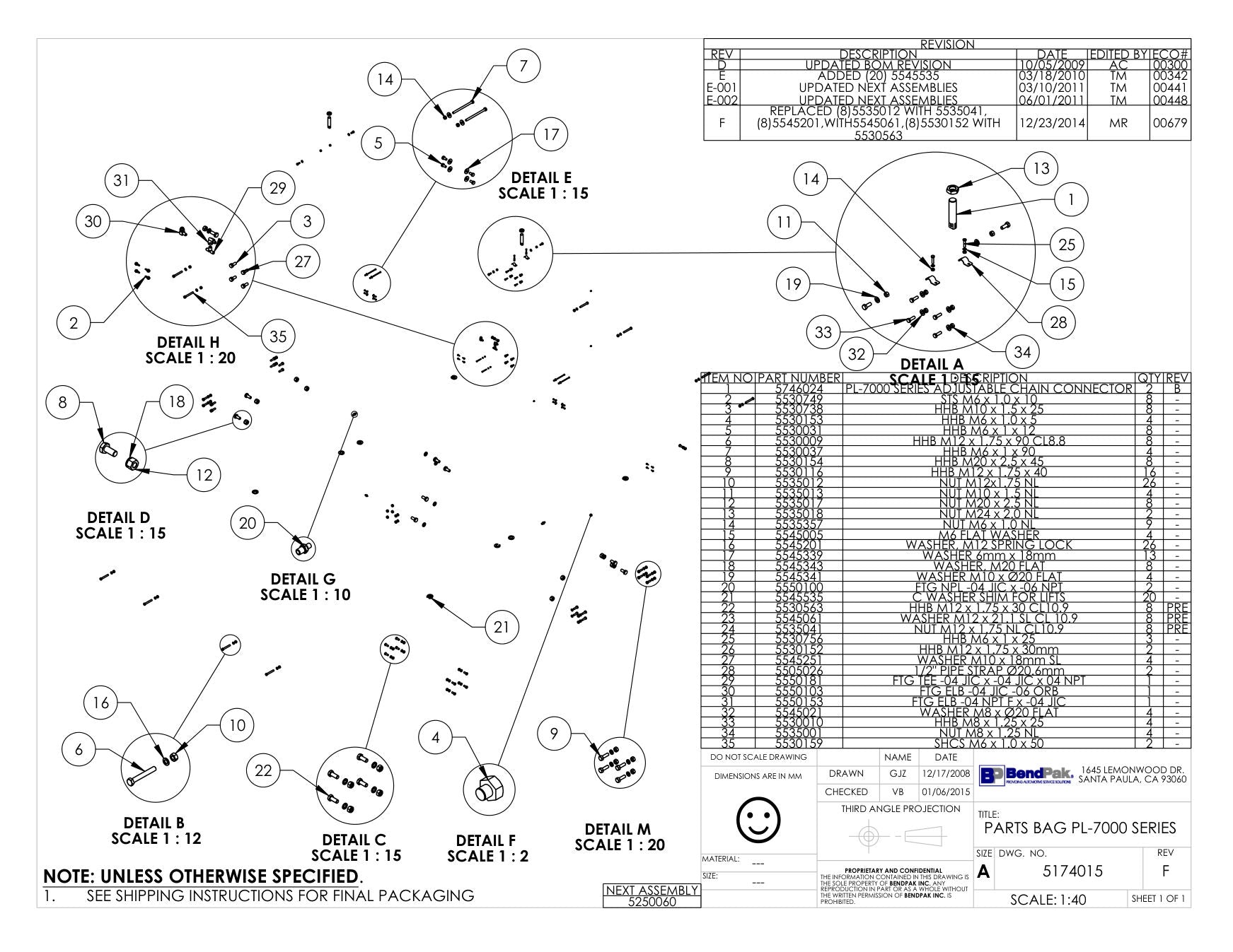 BendPak BENDPAK-5260185-PL-7000XR parts diagram — Hhb M12 X 1.75 X 40 is item 9 (PARTS BAG PL-7000 SERIES)