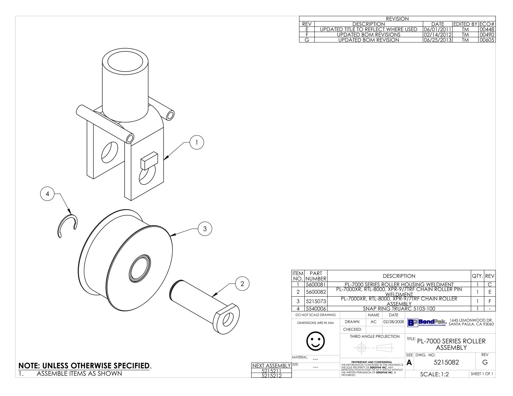 BendPak BENDPAK-5260185-PL-7000XR parts diagram — D2-8F/PL-7000DLX/XPR-9 Chain Roller Pin Weldment is item 2 (PL-7000 SERIES ROLLER ASSEMBLY)