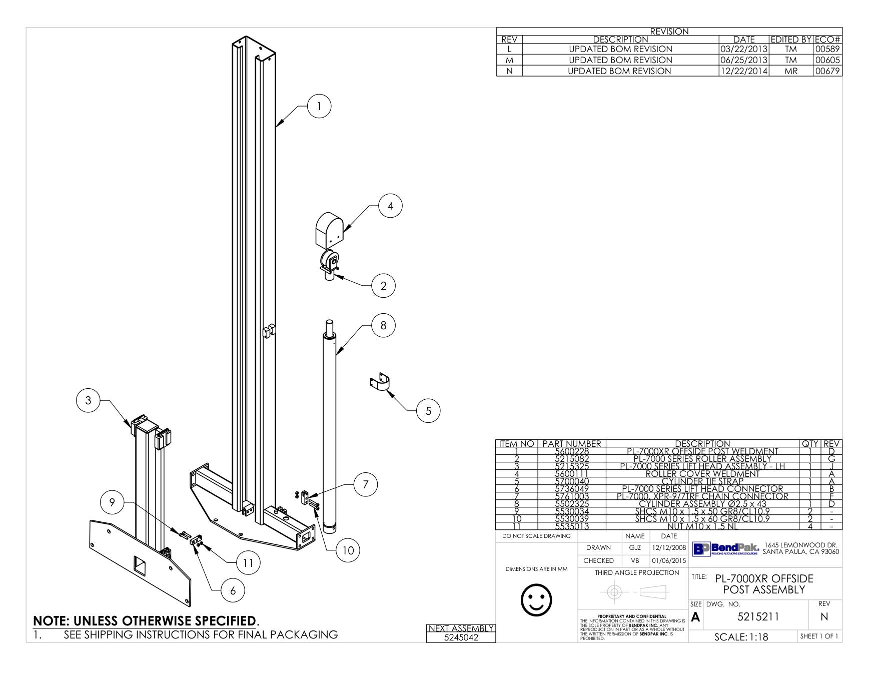 BendPak BENDPAK-5260185-PL-7000XR parts diagram — Cylinder Assembly Ø2.5 X 43 is item 8 (PL-7000XR OFFSIDE POST ASSEMBLY)