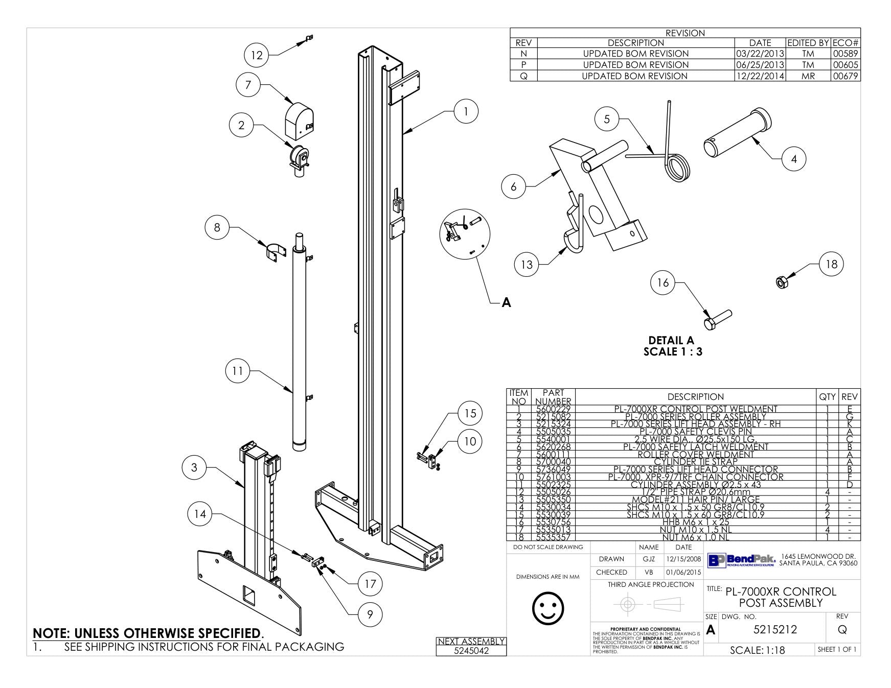 BendPak BENDPAK-5260185-PL-7000XR parts diagram — PL-7000 Series Safety Clevis Pin is item 4 (PL-7000XR CONTROL POST ASSEMBLY)