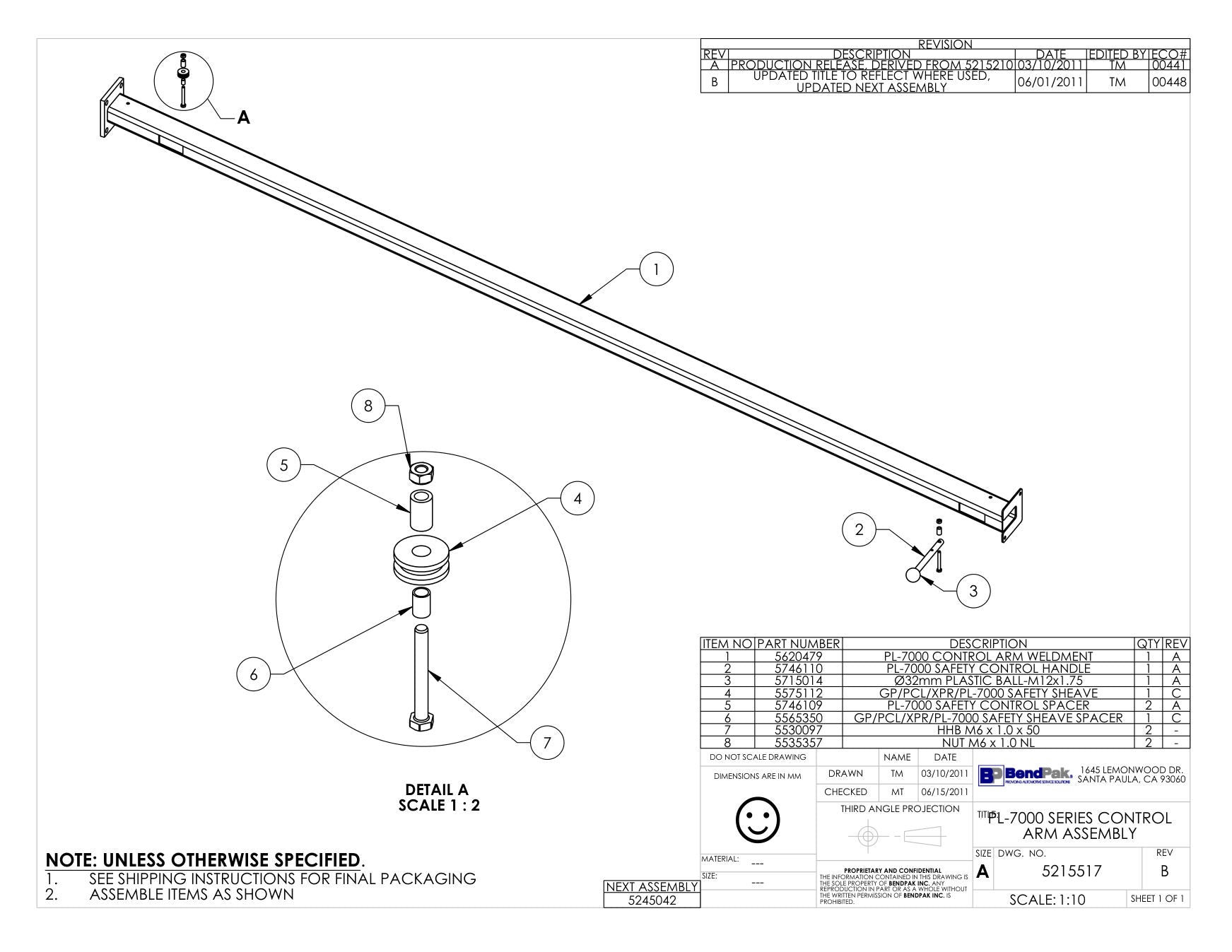 BendPak BENDPAK-5260185-PL-7000XR parts diagram — PL-7000 Safety Control Handle is item 2 (PL-7000 SERIES CONTROL ARM ASSEMBLY)