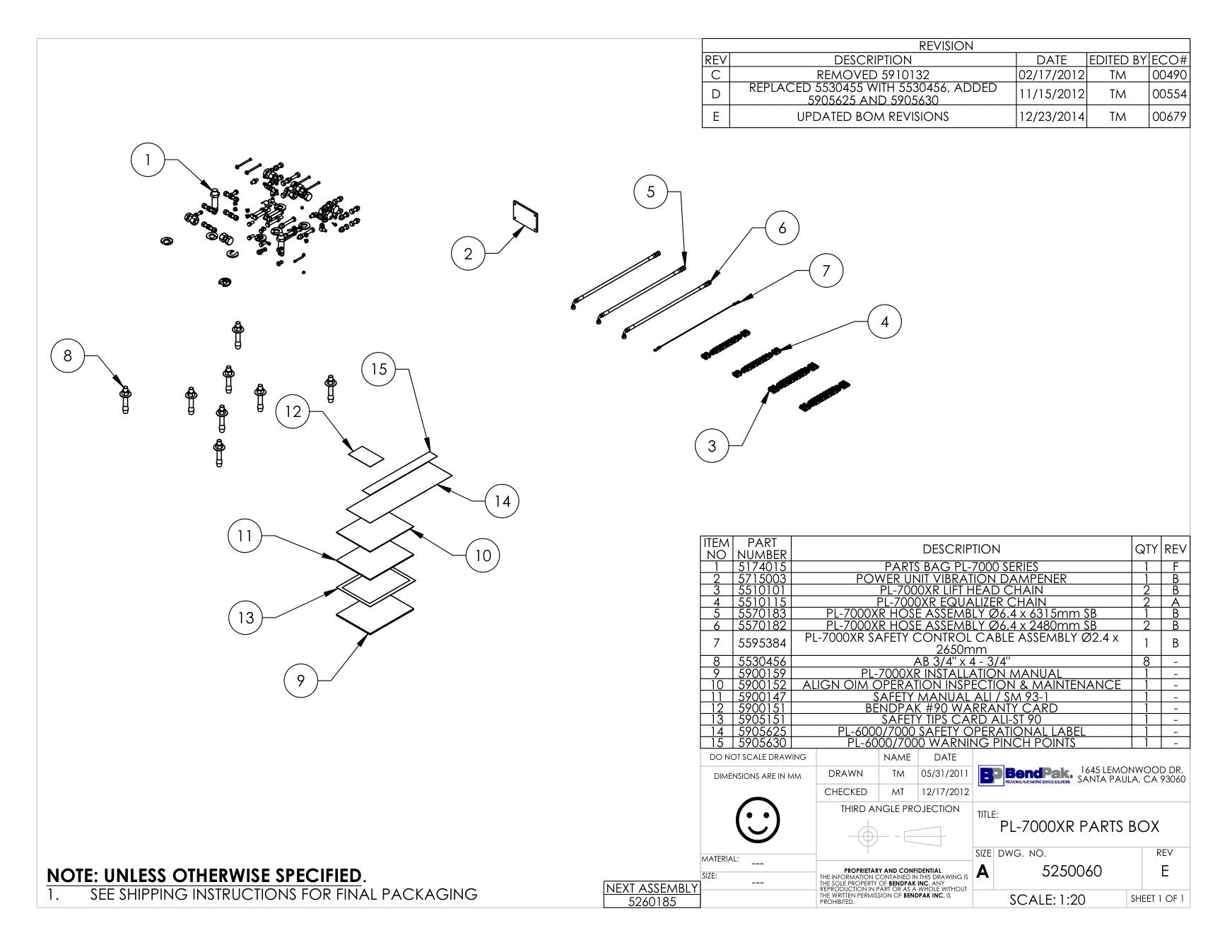 BendPak BENDPAK-5260185-PL-7000XR parts diagram — Safety Control Cable 2.4 X 2650MM is item 7 (PL-7000XR PARTS BOX)