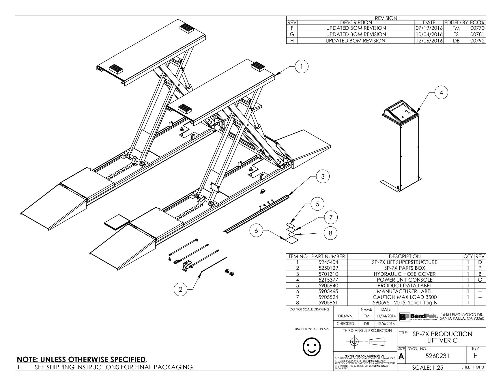 BendPak BENDPAK-5260231-SP-7X parts diagram — Hydraulic Hose Cover is item 3 (SP-7X PRODUCTION LIFT VER C)